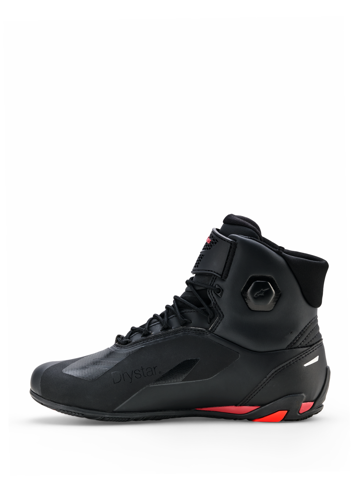 Alpinestars Faster-4 Drystar® sko, motorcykelsko, sort med Rio Red og Red Fluo-detaljer, lateral sideprofil, med sømløs mikrofiberkonstruktion, Drystar-branding og forstærket hæl med røde detaljer