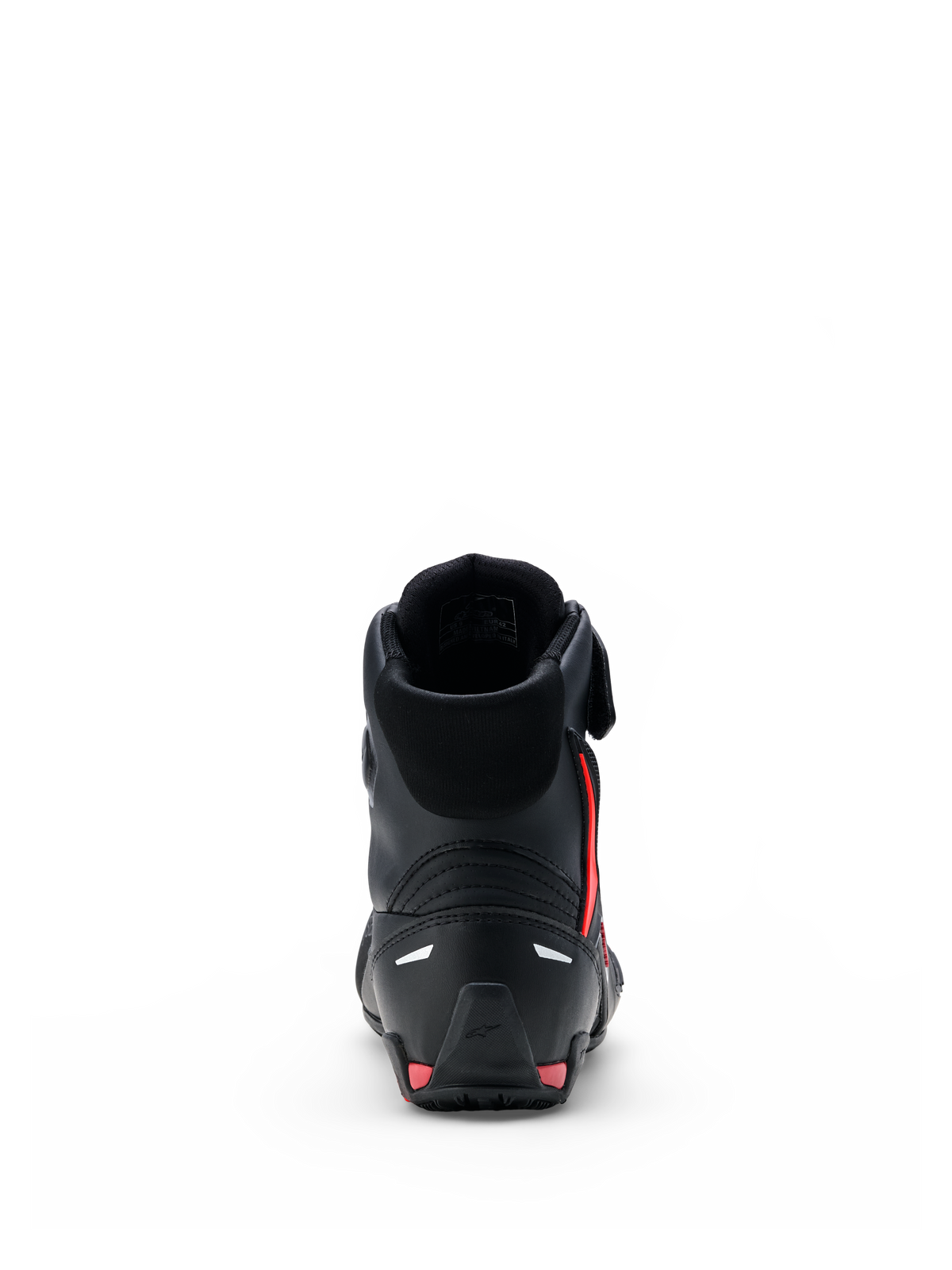 Alpinestars Faster-4 Drystar® sko, motorcykel-køresko, sort med Rio rød og rød Fluo accenter, set bagfra med forstærket hælkappe, high-top design og sømløs mikrofiberkonstruktion.