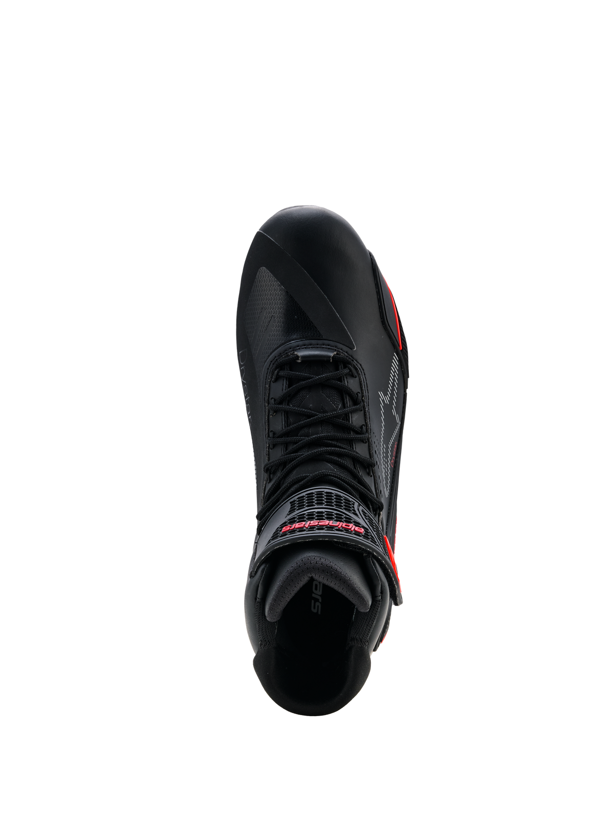 Alpinestars Faster-4 Drystar® sko, sort med Rio Red og Red Fluo detaljer, set oppefra viser snøresystem og velcrostrop med rødt logo, vandtætte motorcykelsko