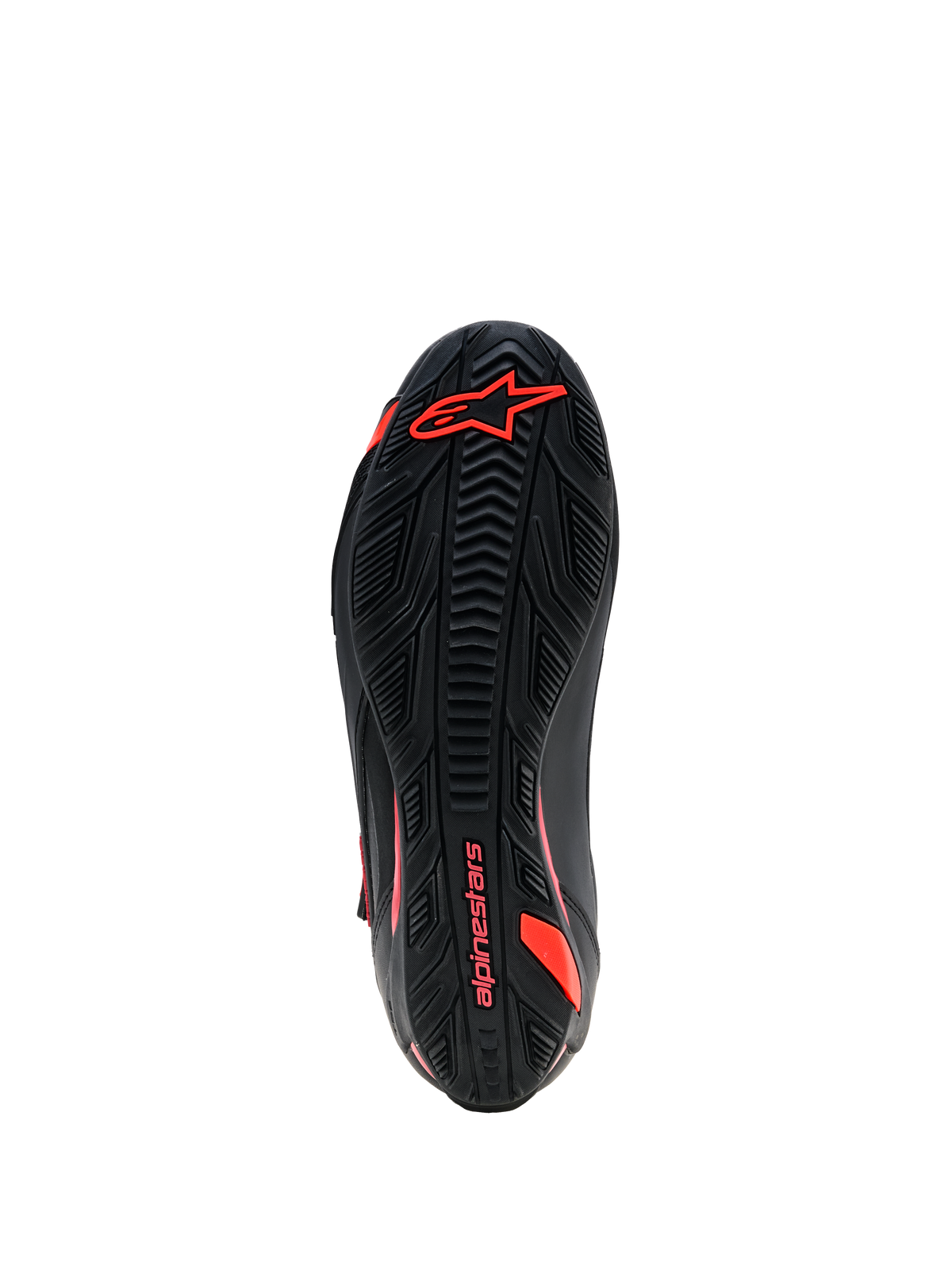 Alpinestars Faster-4 Drystar® sko, visning af ydersål, sort med Red Fluo-branding, tekstureret gummisål med Alpinestars-logo og navnetræk, holdbart fodtøj til motorcykelkørsel