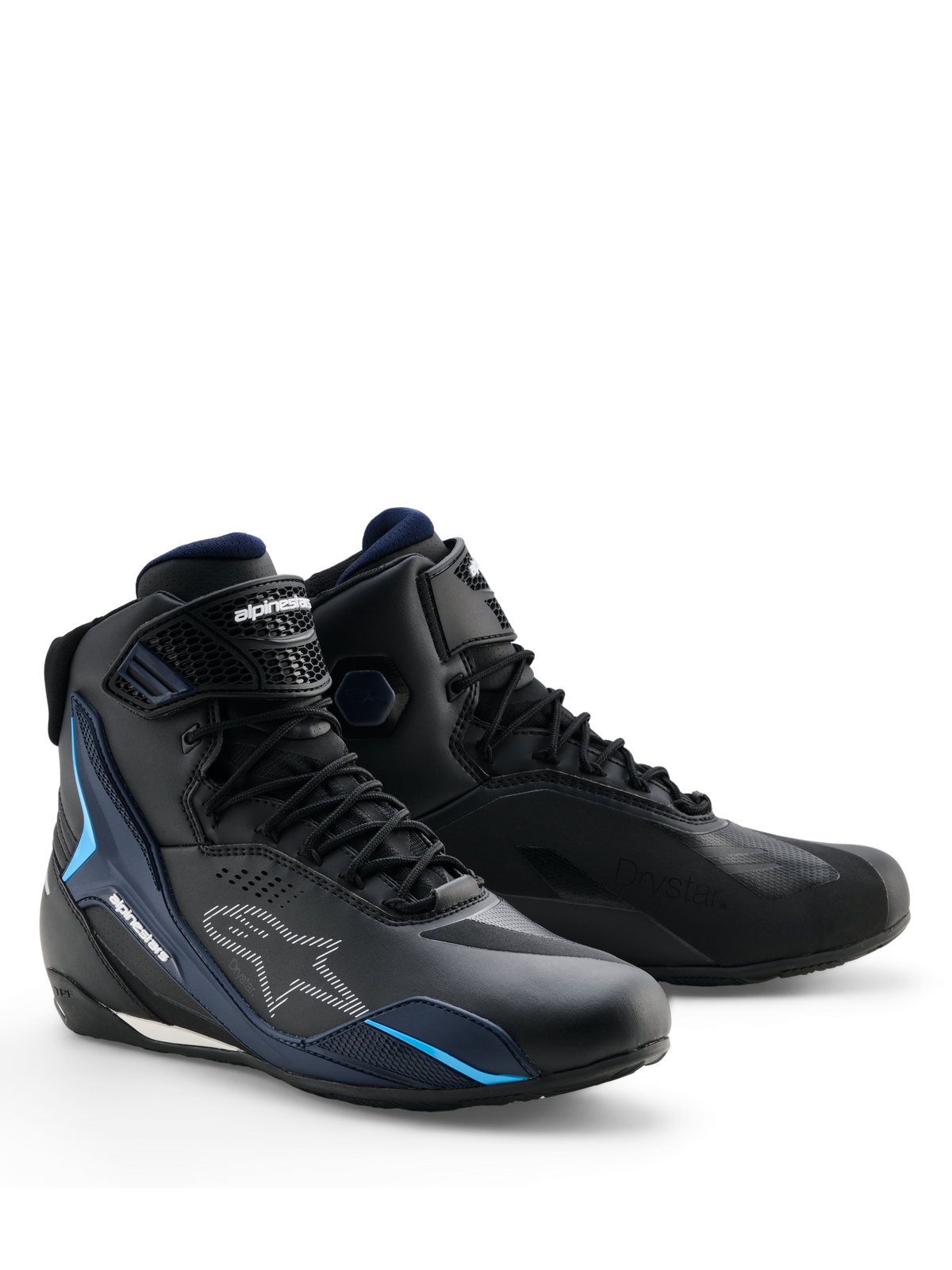 Alpinestars Faster-4 Drystar® sko, vandtætte motorcykelsko, Black Night Navy Cyan, med hvide Alpinestars-logoer og cyanblå detaljer, sportsorienteret design med snørebånd og velcro-lukning