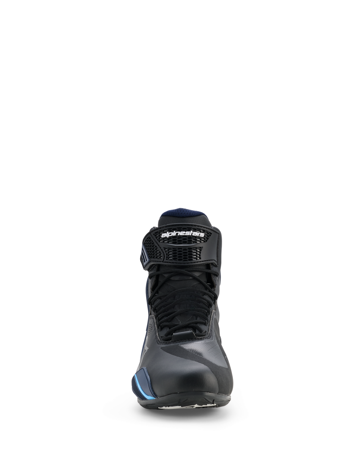 Alpinestars Faster-4 Drystar® sko, vandtætte motorcykelsko, Black Night Navy Cyan, set forfra med snørebånd og justerbar ankelrem med Alpinestars-branding, strømlinet sports-køredesign