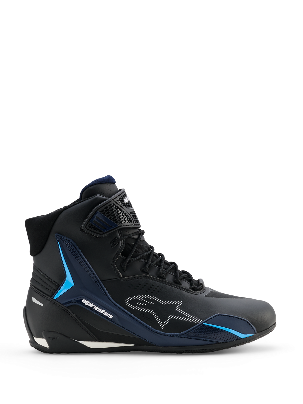 Alpinestars Faster-4 Drystar sko, motorcykelsko, sort, mørkeblå og cyan, sidevisning der viser high-top sneaker-design, cyan TPU-støttepaneler, hvidt stiplet Alpinestars-logo og snørelukning med tekstureret ankelrem