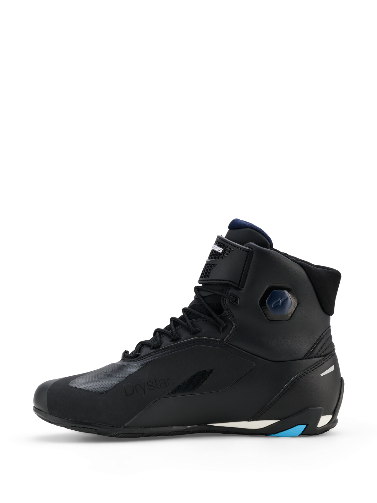 Alpinestars Faster-4 Drystar® sko, sort med Night Navy og Cyan detaljer, sideprofil, high-top motorcykelkøresko, med snørelukning, hook-and-loop ankelstrop og beskyttende forstærket sål