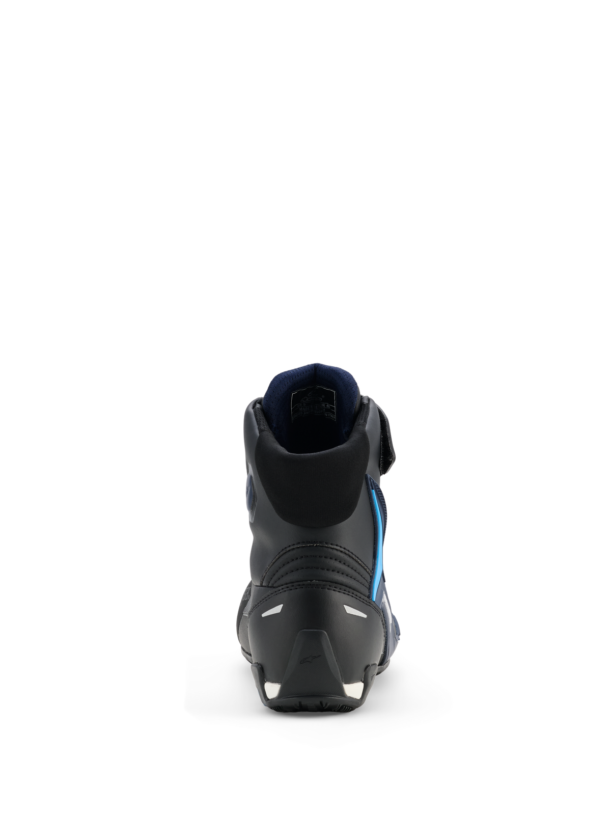 Alpinestars Faster-4 Drystar® sko, motorcykelsko, Black Night Navy Cyan, set bagfra med fokus på forstærket hæl- og ankelstruktur, mørkeblåt inderfor, refleksdetaljer, strømlinet atletisk design til landevejskørsel