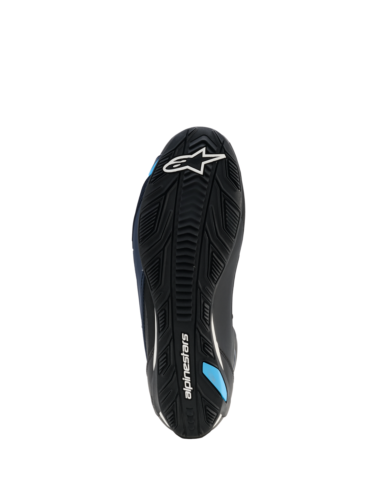Alpinestars Faster-4 Drystar® sko, set fra undersiden, sort, mørkeblå og cyan, med en forstærket gummisål med tekstureret greb, hvidt Alpinestars-logo og cyanblå detaljer, designet til stabilitet ved motorcykelkørsel