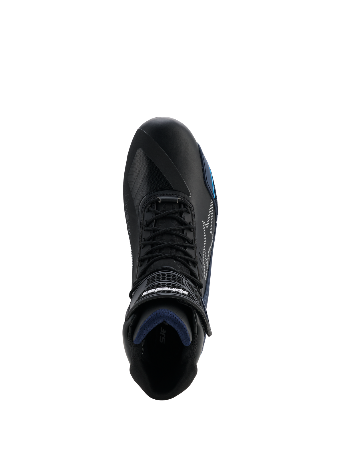Alpinestars Faster-4 Drystar® sko, set oppefra af sort motorcykelsko, med Black Night Navy Cyan-detaljer, snørebåndslukning med hook and loop-strop, vandtæt mikrofiberkonstruktion, sportsfodtøj til vejkørsel