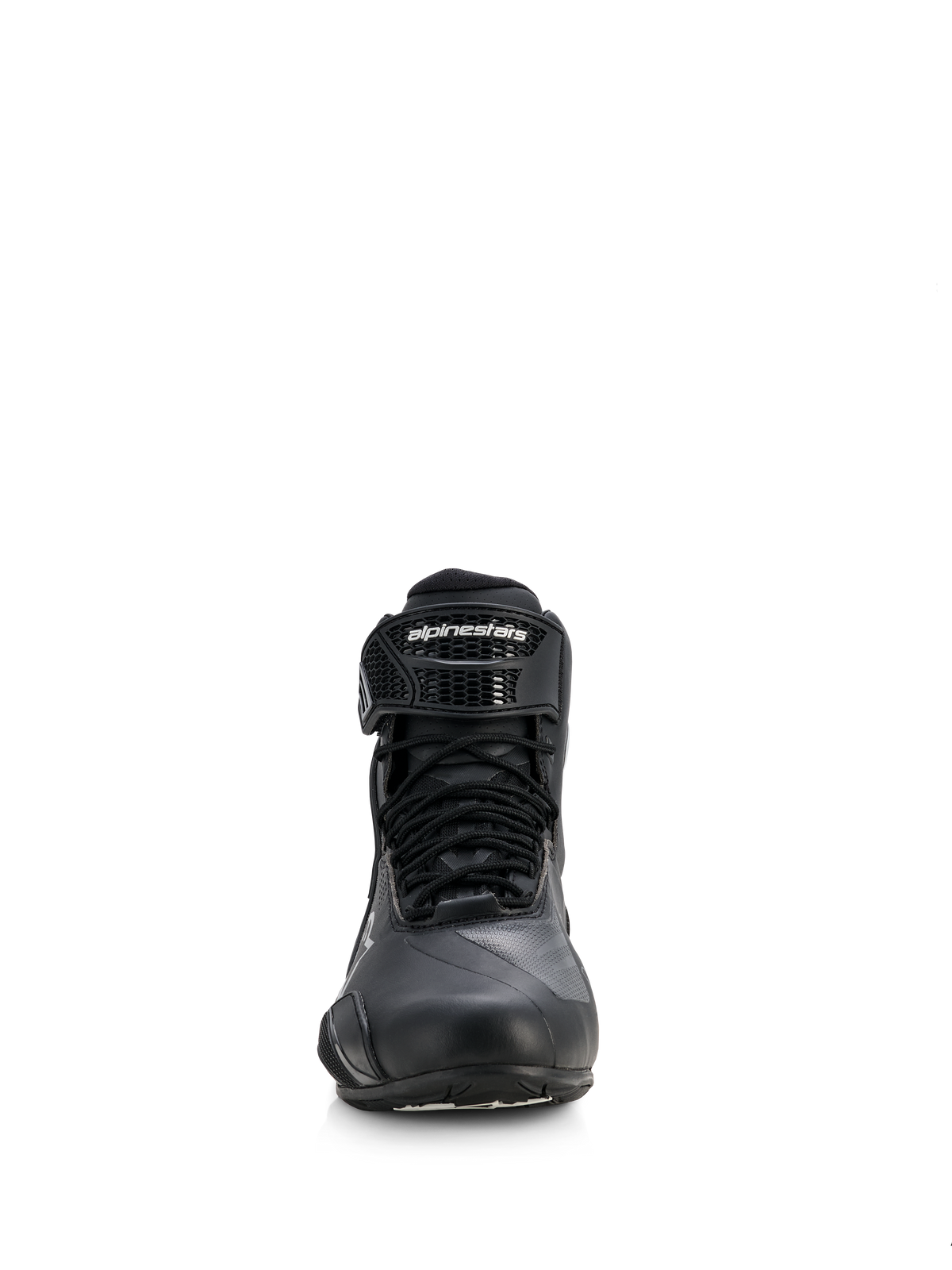 Alpinestars Woman Stella Faster-4 Drystar® Shoes, Motorcycle Riding Shoes, Black with Silver accents, front view showing lace-up closure and branded hook-and-loop ankle strap, sleek waterproof design for sport and road riding