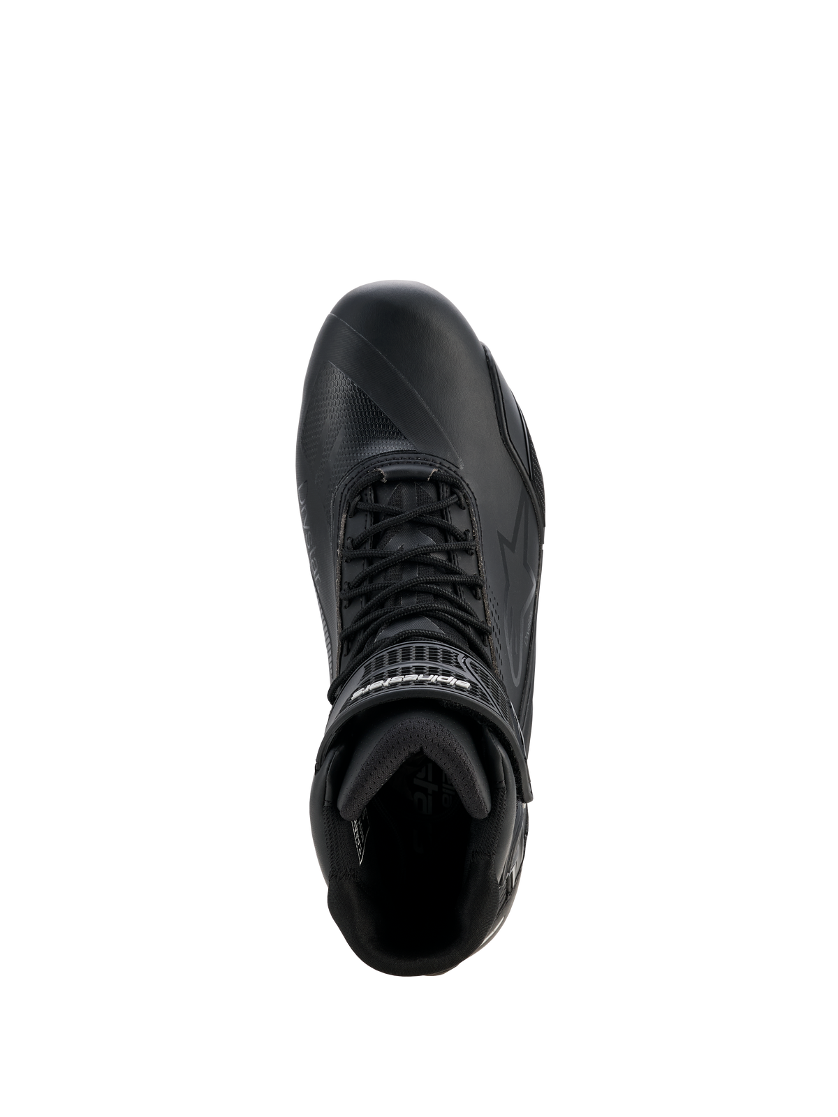Alpinestars Woman Stella Faster-4 Drystar® Shoes, Women's Motorcycle Riding Shoes, Black and Silver, top-down view showing lace-up closure, velcro ankle strap, and waterproof microfiber construction