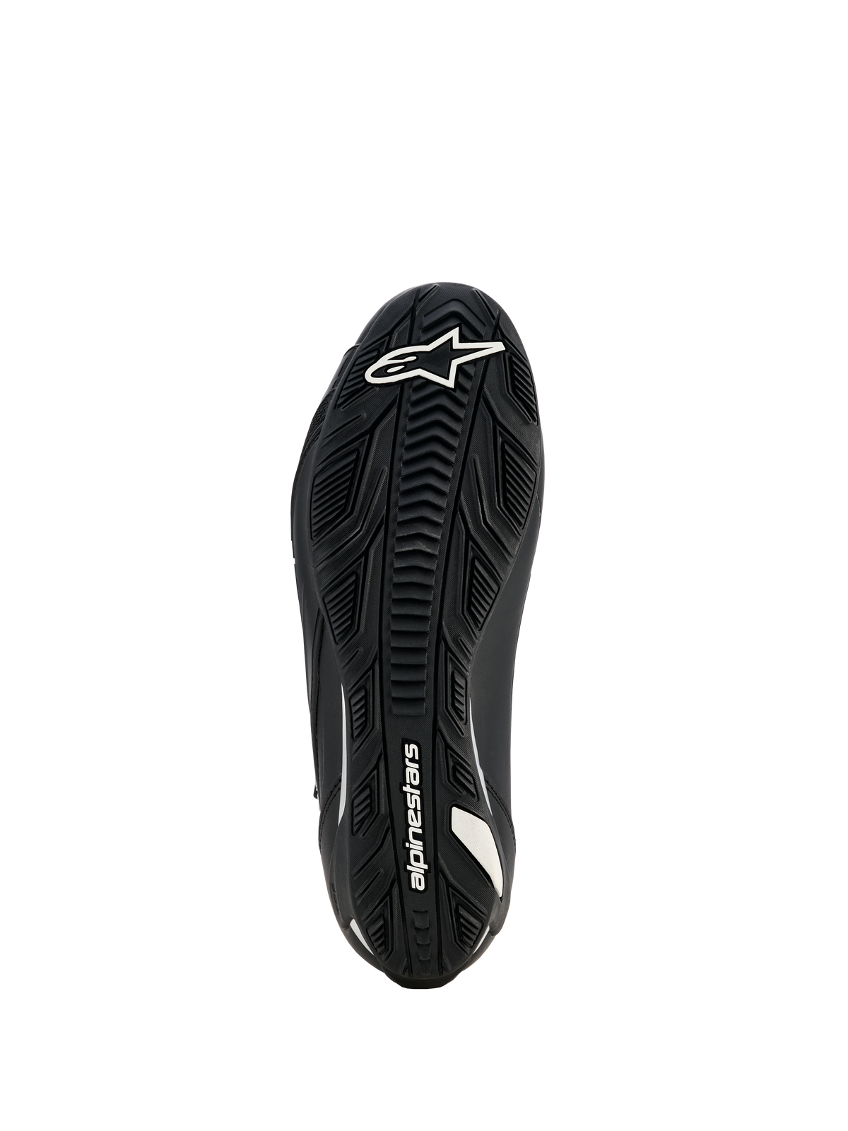 Alpinestars Woman Stella Faster-4 Drystar Shoes, Motorcycle Riding Shoes, Black, Sole view showing textured rubber outsole with white Alpinestars logo and branding, designed for superior grip and durability.