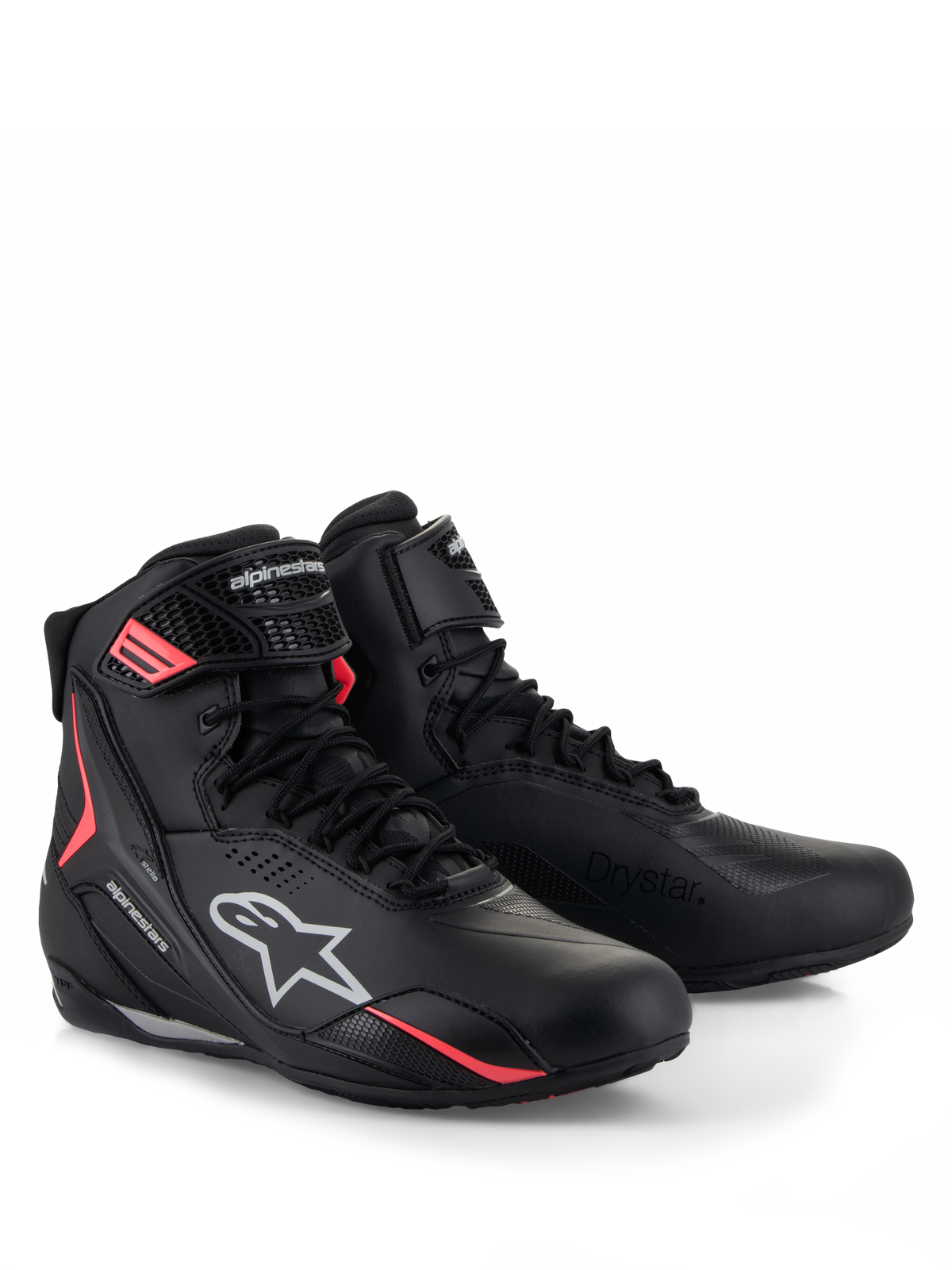Alpinestars Stella Faster-4 Drystar® sko, motorcykelsko til damer, sort, grå og koralfluo, med vandtæt Drystar®-teknologi, snørelukning med sikker velcrostrop og livlige koralfarvede detaljer med hvidt Alpinestars-logo
