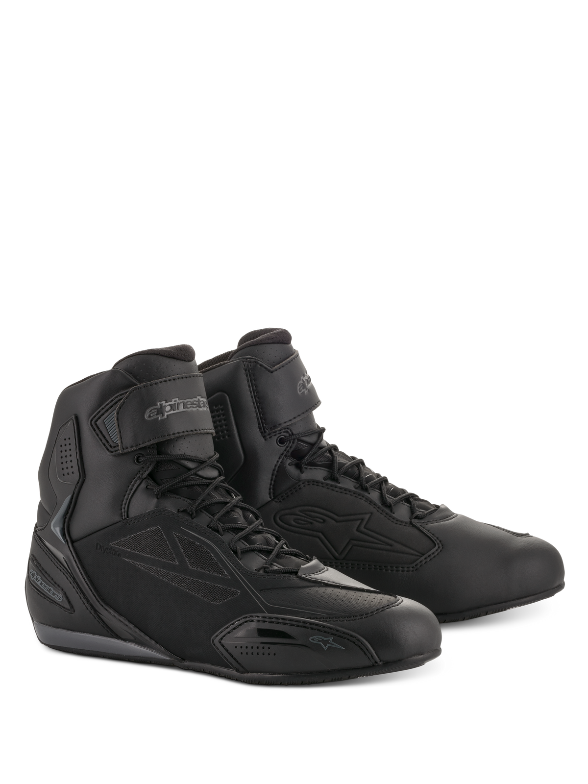 Alpinestars Faster-3 Drystar® Riding Shoes, Motorcycle Riding Shoes, Black and Cool Gray, high-top design with lace-up closure and hook-and-loop ankle strap, sleek microfiber chassis with protective panels, waterproof road riding footwear.