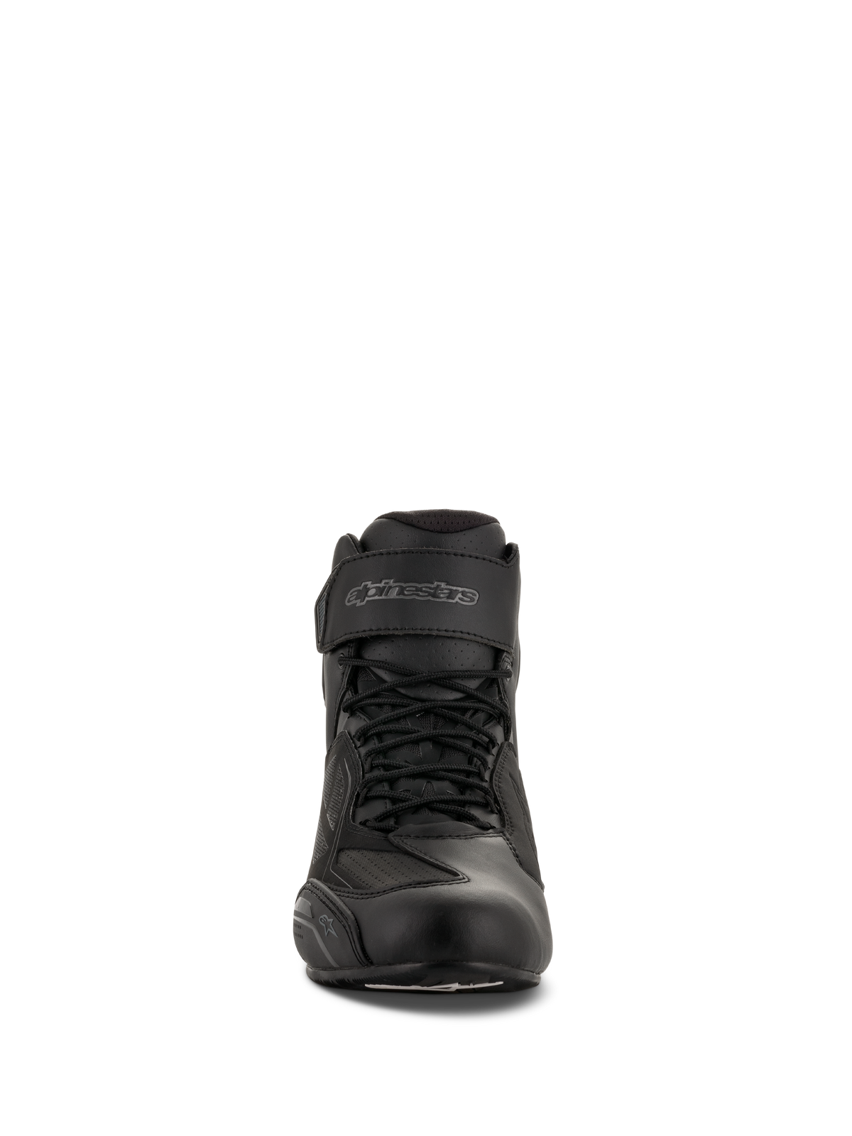 Alpinestars Faster-3 Drystar® Riding Shoes, Black Cool Gray, front view showing lace closure and Velcro ankle strap, waterproof microfiber motorcycle footwear.