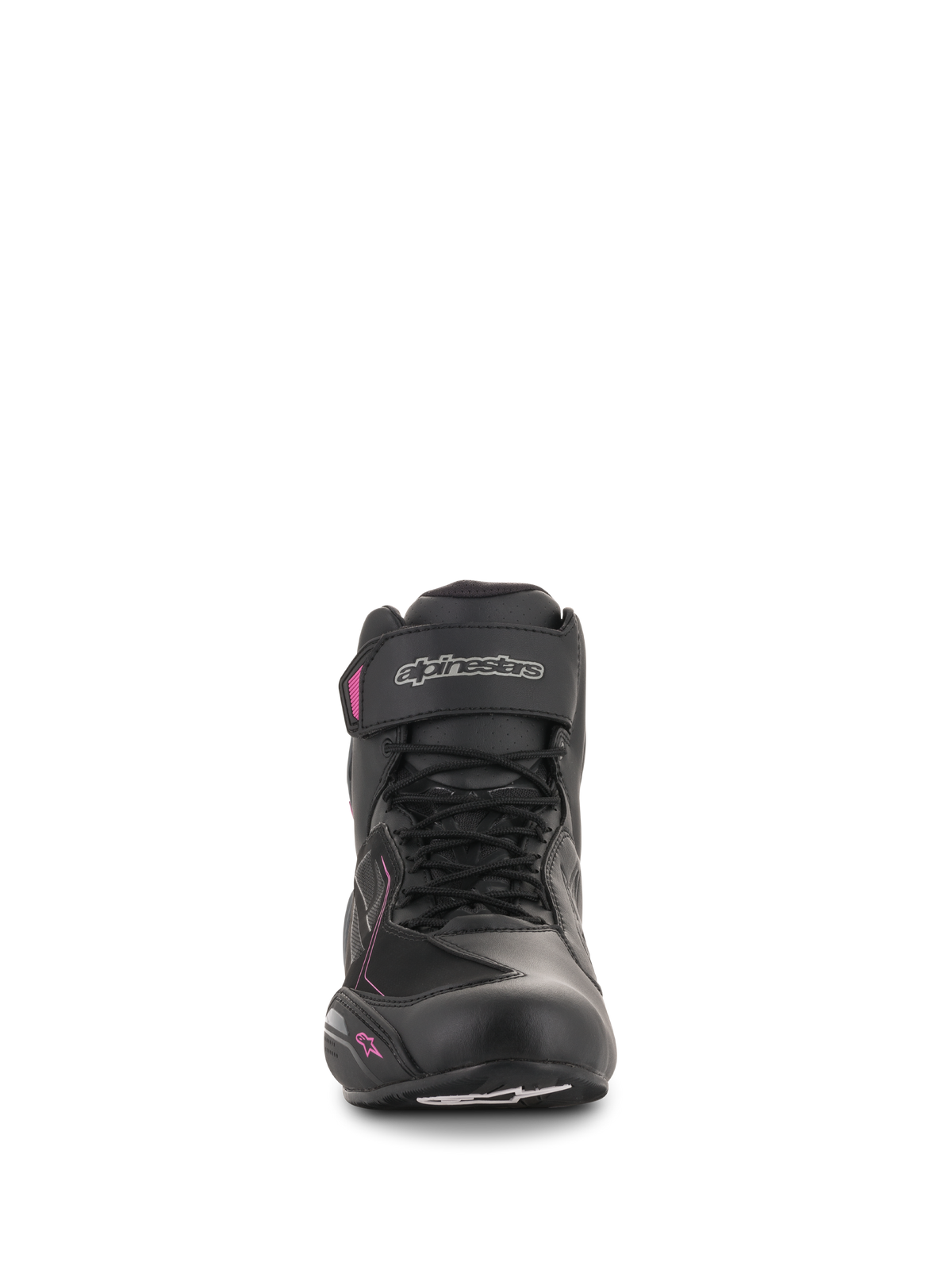 Alpinestars Women Stella Faster-3 Drystar® Shoes, Motorcycle Riding Shoes, Black Dark Gray and Fuchsia, front view showing lace-up closure, ankle strap with silver logo, and pink accents on a feminine profile