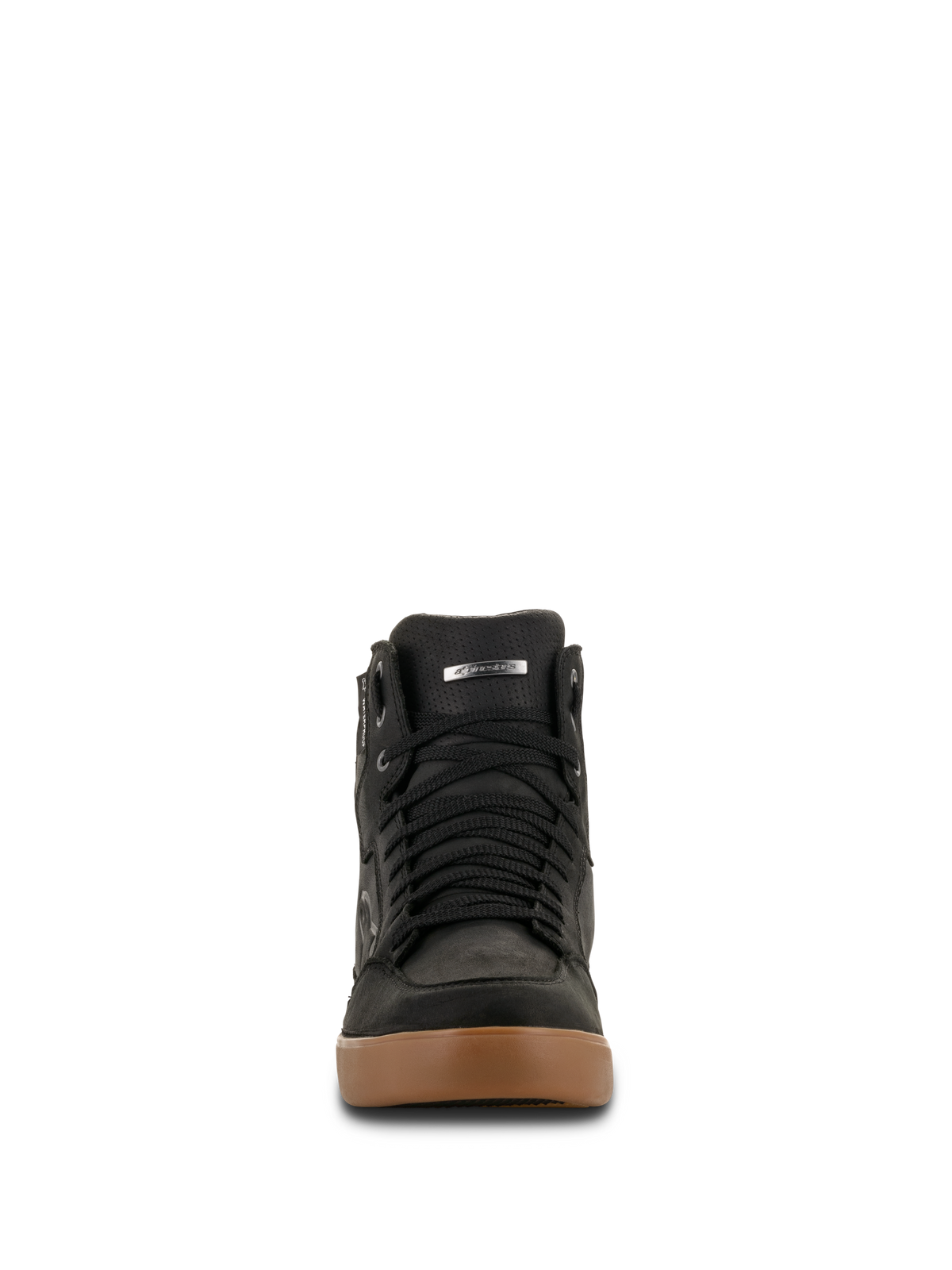 Alpinestars J-6 Waterproof sko, motorcykelsko, Black Gum, set forfra med sorte snørebånd og brun gummisål, sneaker-design til kørsel i byen