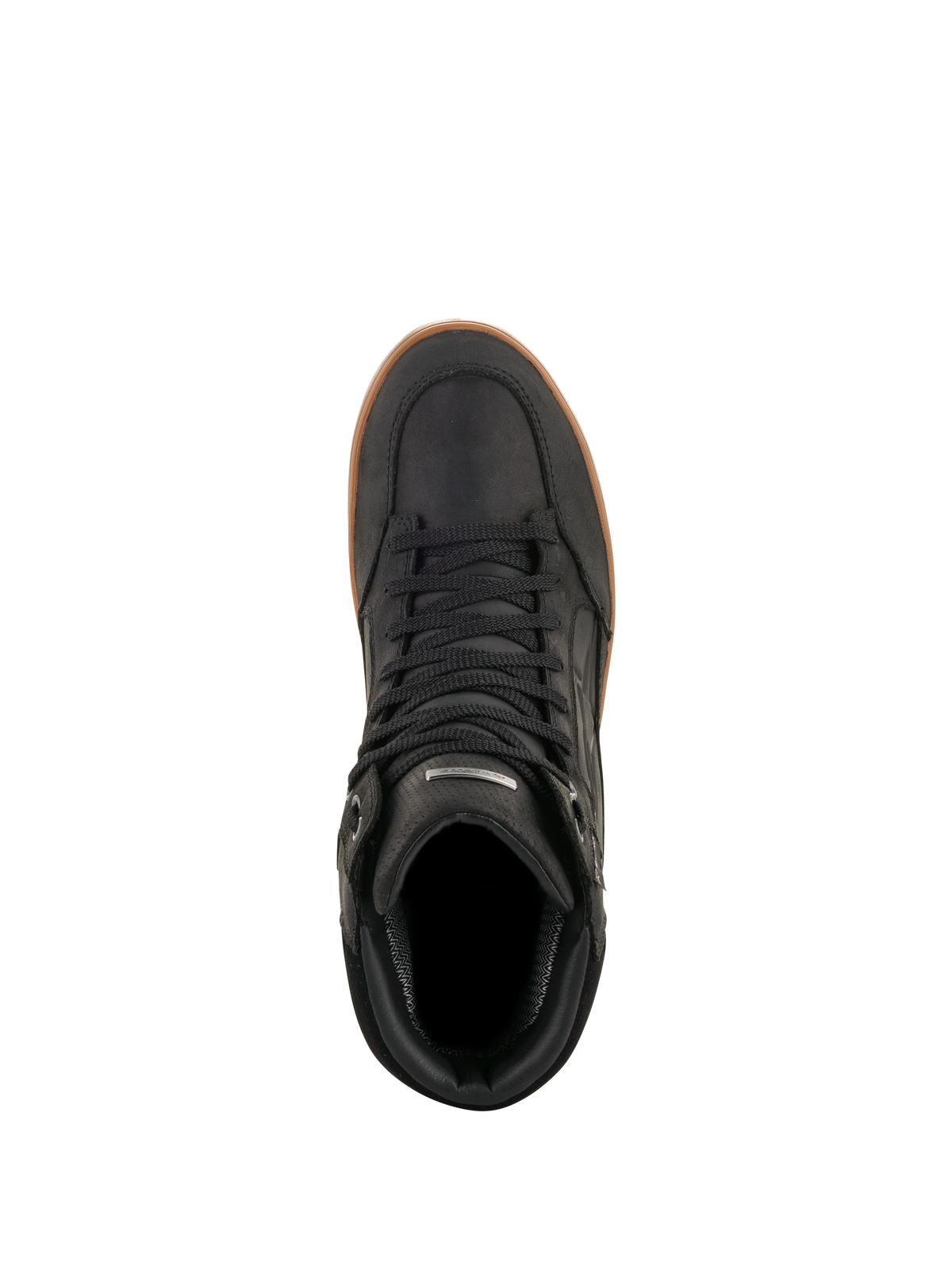 Alpinestars J-6 Waterproof sko, Black Gum, set oppefra, sort motorcykelkøresko i læder med gum-farvet gummisål, urban udstyr i sneaker-stil med sorte snørebånd