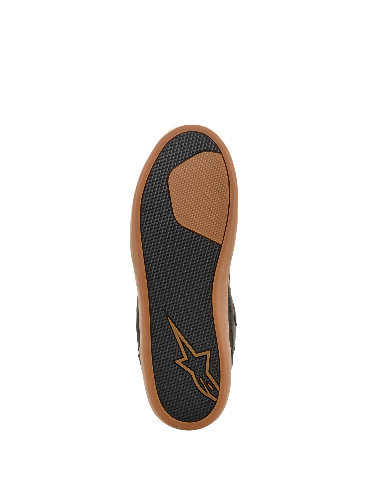 Alpinestars J-6 Waterproof sko, visning af sålen, sort og gummi, tekstureret gummimønster for greb og holdbarhed, med tan-farvet Astars-logo og gummifarvet yderkant, motorcykelfodtøj i sneaker-stil