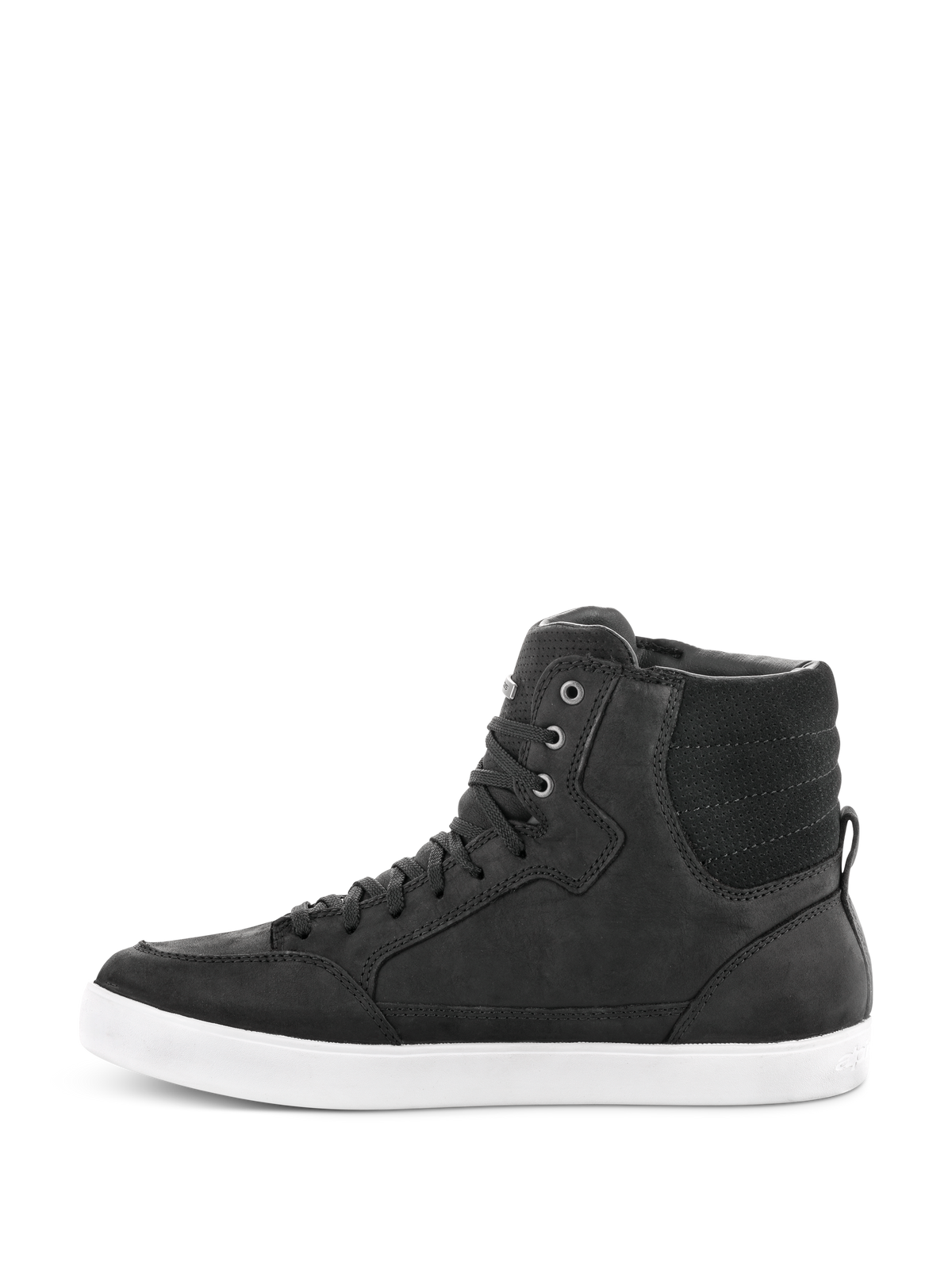 Alpinestars J-6 Waterproof Shoe, sort og hvid, sideprofil af high-top motorcykelsneaker, konstruktion i sort læder med hvid gummisål, urbant fodtøj til motorcykel med snørebåndsdesign