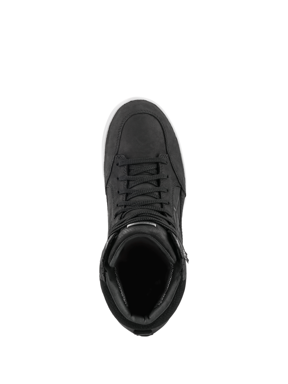 Alpinestars J-6 Waterproof Shoe, sort og hvid, set ovenfra af motorcykelstøvle i sneaker-stil, førsteklasses sort læderkonstruktion med matchende snørebånd og hvid såldetalje, fodtøj til urban kørsel