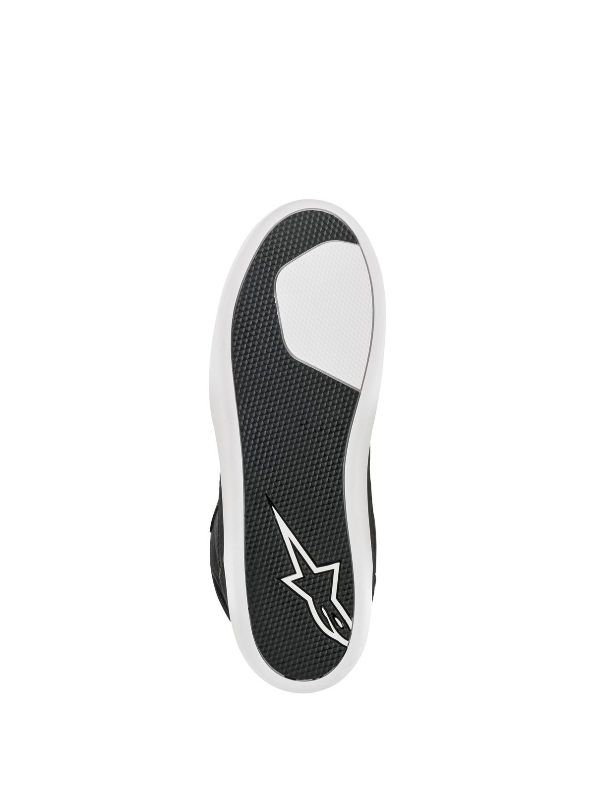 Alpinestars J-6 Waterproof sko, sort og hvid, set nedefra viser den avancerede gummisål, tekstureret grebsmønster for holdbarhed, hvidt stjernelogo på hælen, urban motorcykelfodtøj