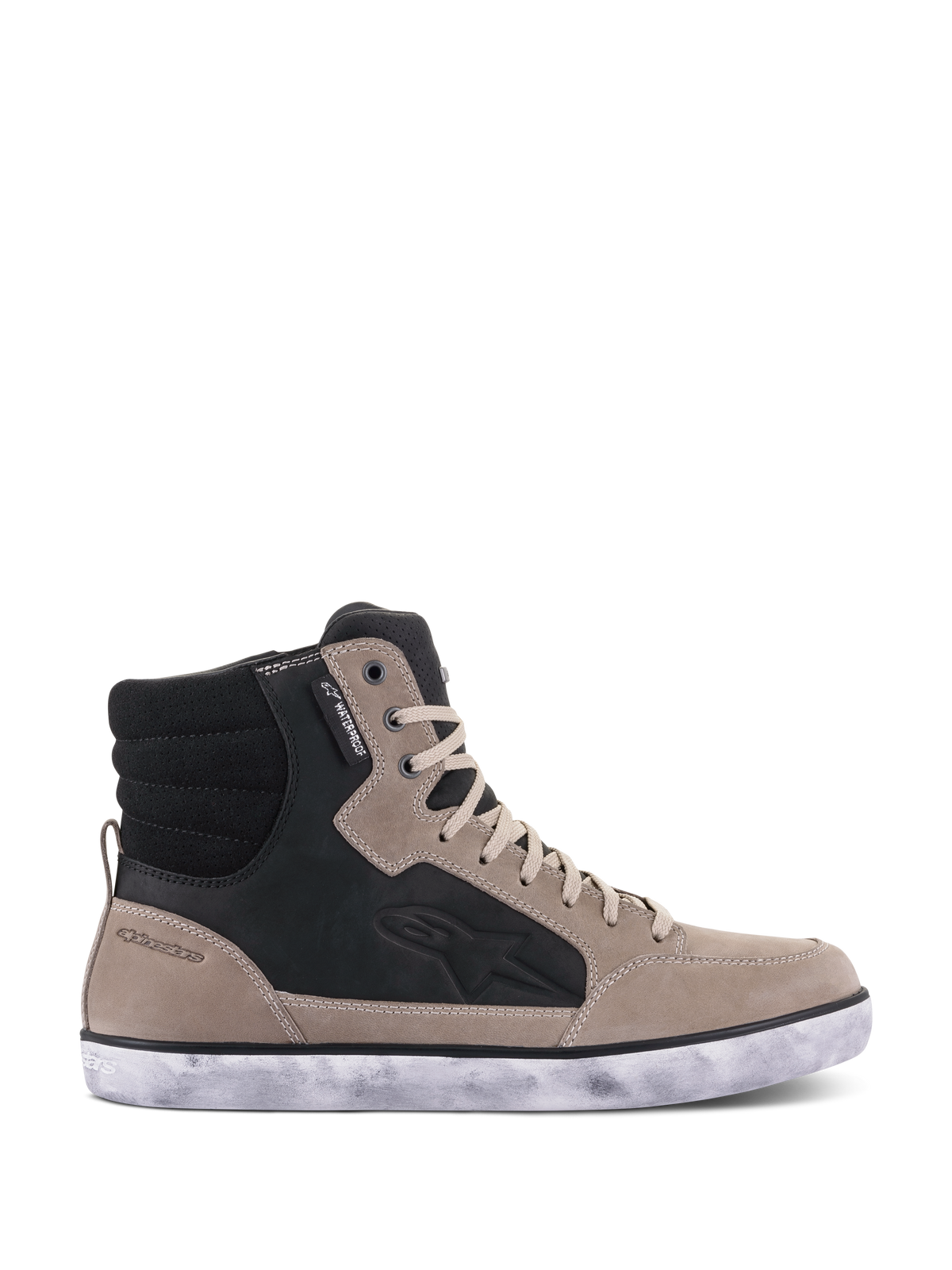 Alpinestars J-6 Waterproof sko, motorcykelstøvle, Black Flint White, sneaker-agtigt high-top design i læder med slidt hvid gummisål, med Astar-logo på siden og vandtæt mærke