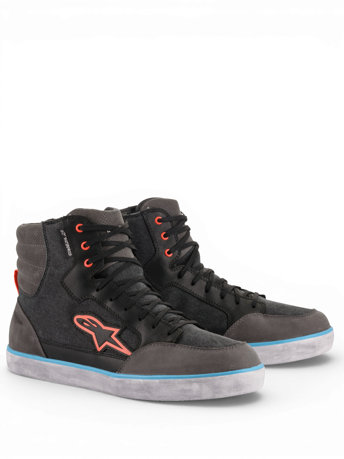 Alpinestars J-6 Vandtæt Canvas herre-køresko til urban brug, grå og sort læder med blå og orange detaljer
