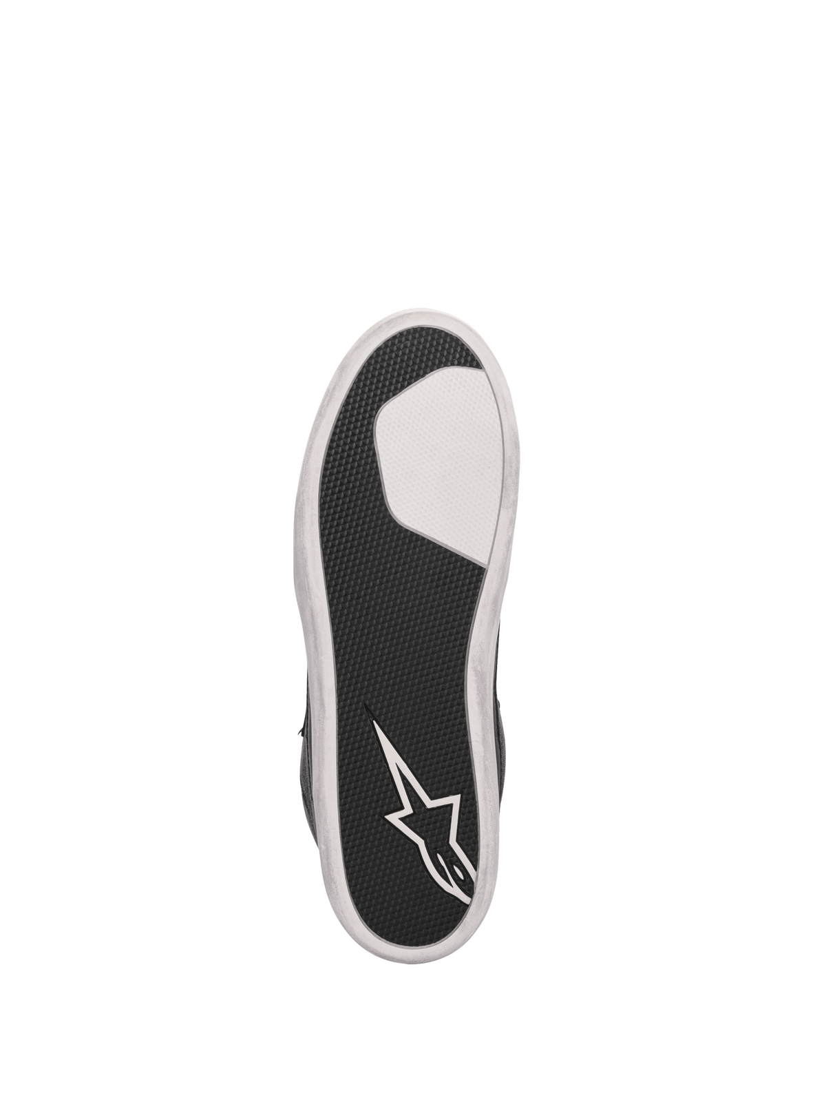 Alpinestars J-6 Waterproof Riding Shoe sole, Black and White vulcanized rubber cup outsole with grip and star logo.