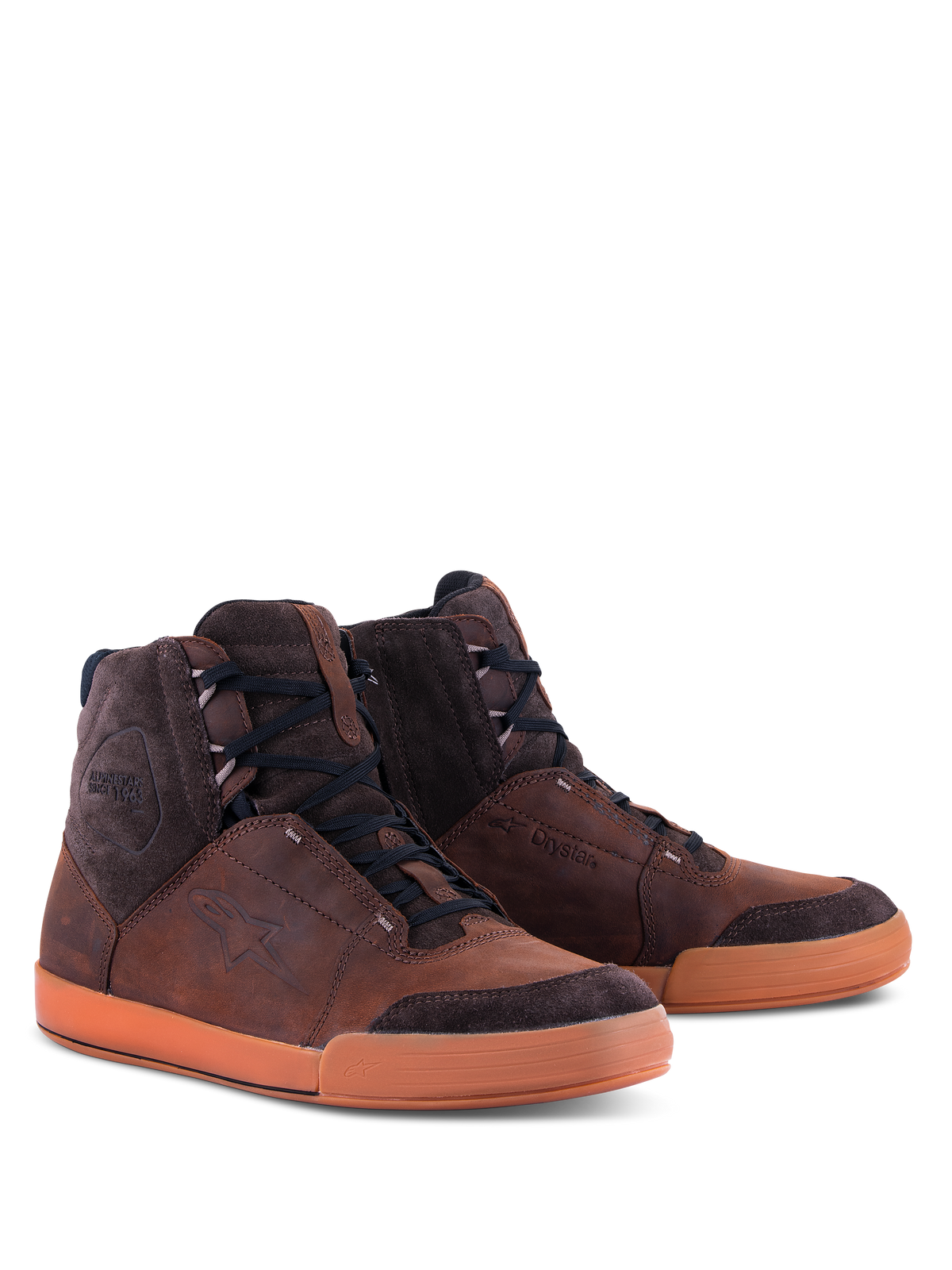 Alpinestars Chrome Crafted Drystar® sko, urban køresko, brun og gummi, high-top konstruktion i læder og ruskind, sorte snørebånd, gummisål, med præget logo og Drystar®-branding, moderne casual motorcykelfodtøj