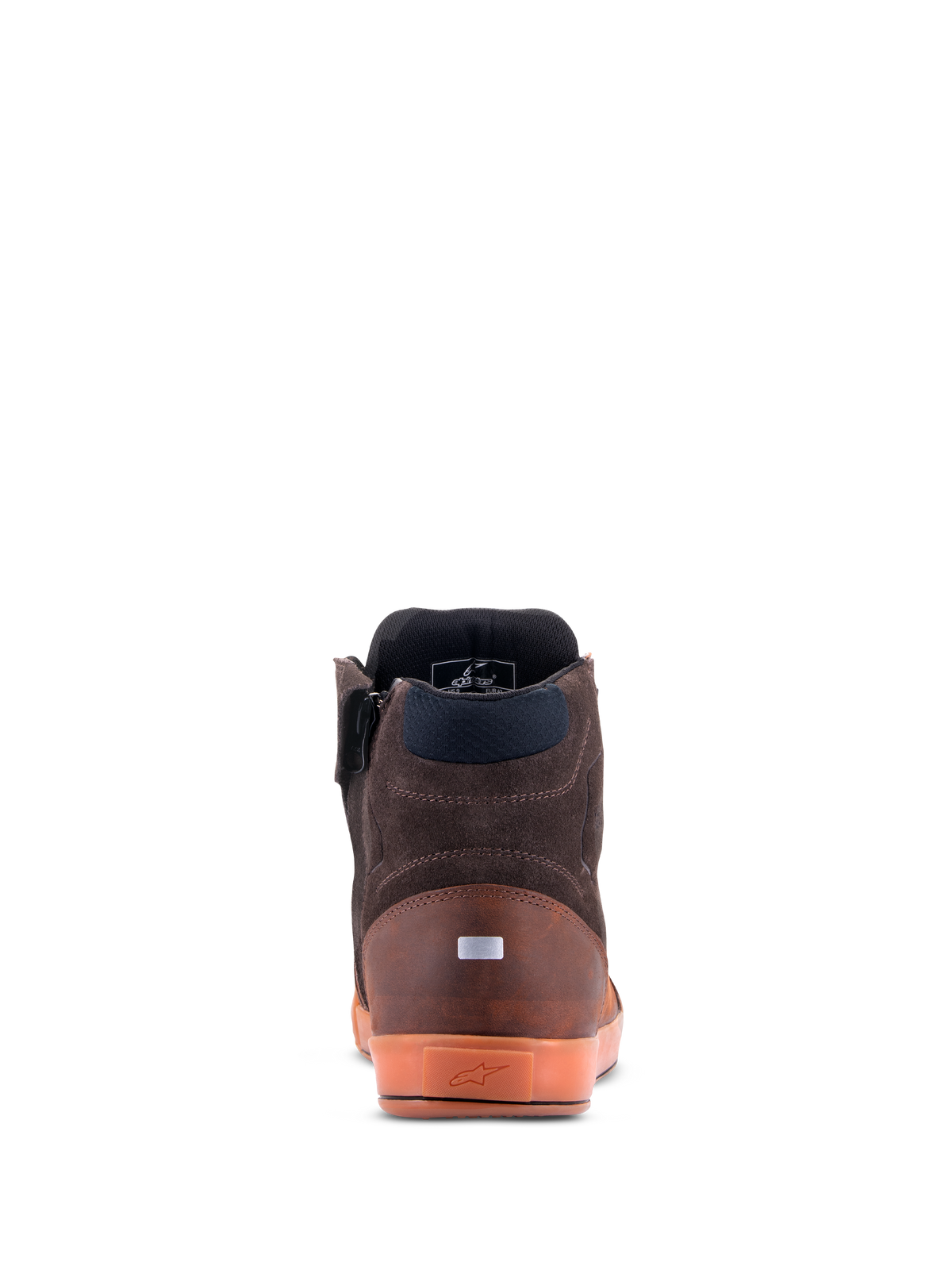 Alpinestars Chrome Crafted Drystar® sko, set bagfra, Brown Gum, casual motorcykelsko til bykørsel, læder- og ruskindskonstruktion, gennemsigtig gummisål med præget logo, reflekterende hældetalje
