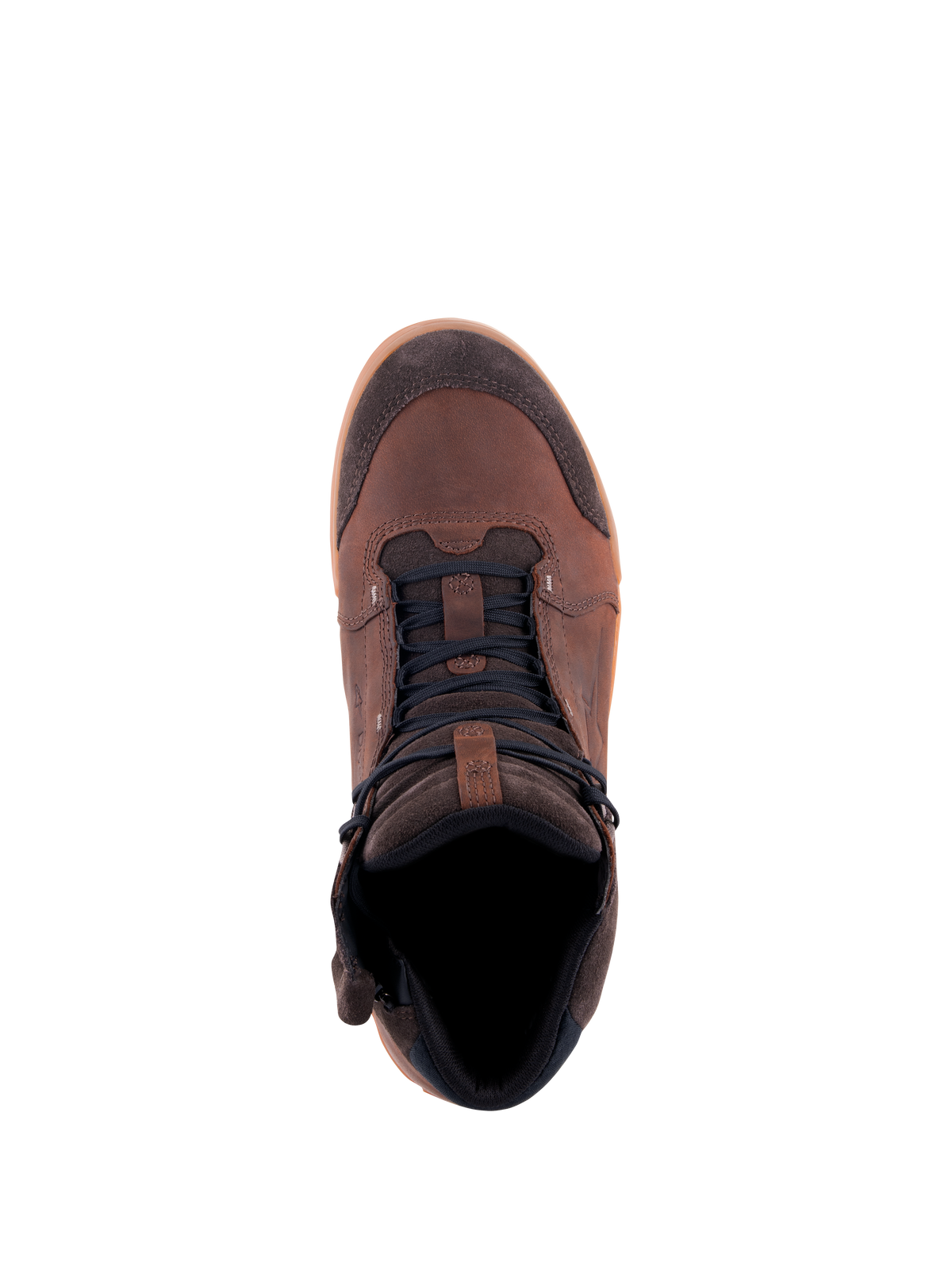 Alpinestars Chrome Crafted Drystar® sko, urban køresko, Brown Gum, set oppefra, overdel i læder og ruskind med mørke snørebånd og gummisål, casual vandtæt motorcykelfodtøj