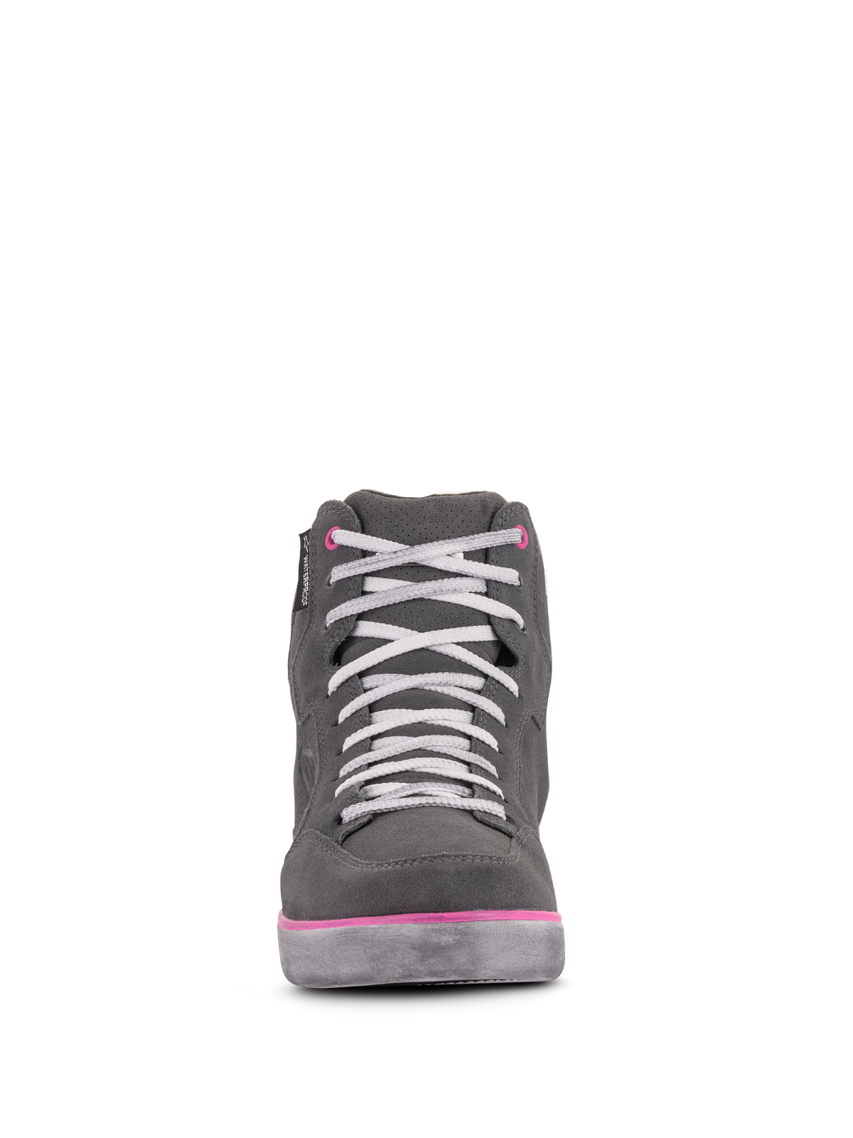 Alpinestars J-6 Vandtætte sko til damer, motorcykelsko, lysegrå og fuchsia, set forfra af sneaker-lignende high-top med hvide snørebånd og lyserøde detaljer, vandtæt læder- og ruskindskonstruktion