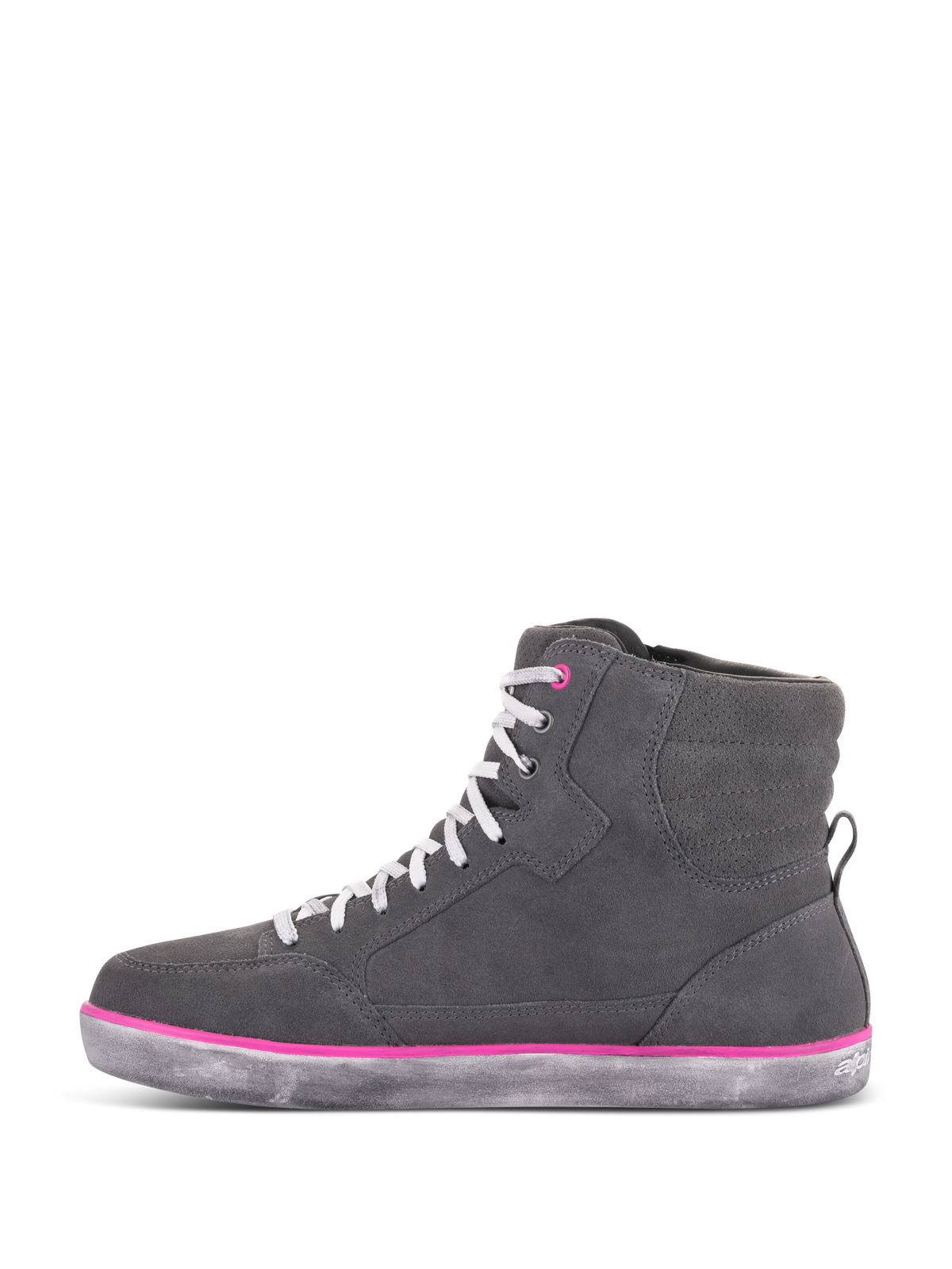Alpinestars J-6 vandtætte sko til damer, køresko, lysegrå og fuchsia, high-top sneakerdesign med grå overdel i ruskind, hvide snørebånd, fuchsiafarvede detaljer og en grå gummisål med slidt look