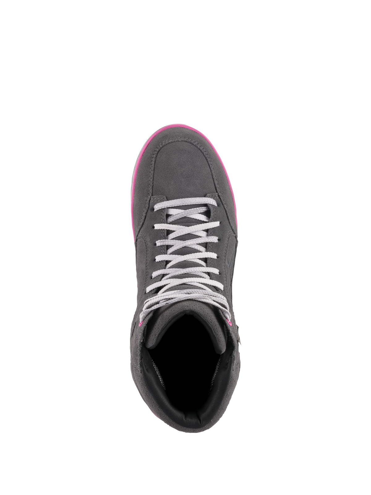 Alpinestars J-6 Vandtætte sko til damer, køresko, grå og fuchsia, set fra oven, der viser konstruktion i ruskind og læder, lysegrå snørebånd og klar lyserød sålkant.