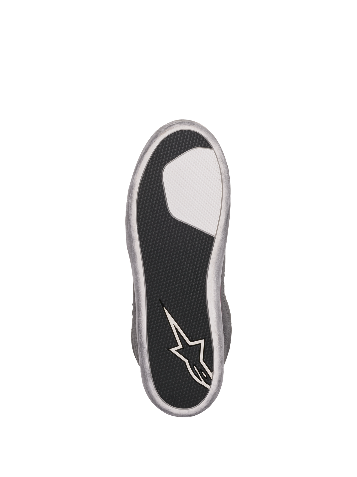 Alpinestars J-6 Waterproof sko til damer, visning af ydersål, sort tekstureret gummisål med hvid indsats og Alpinestars-stjernelogo på hælen, sølvgrå kant, slidstærkt grebdesign