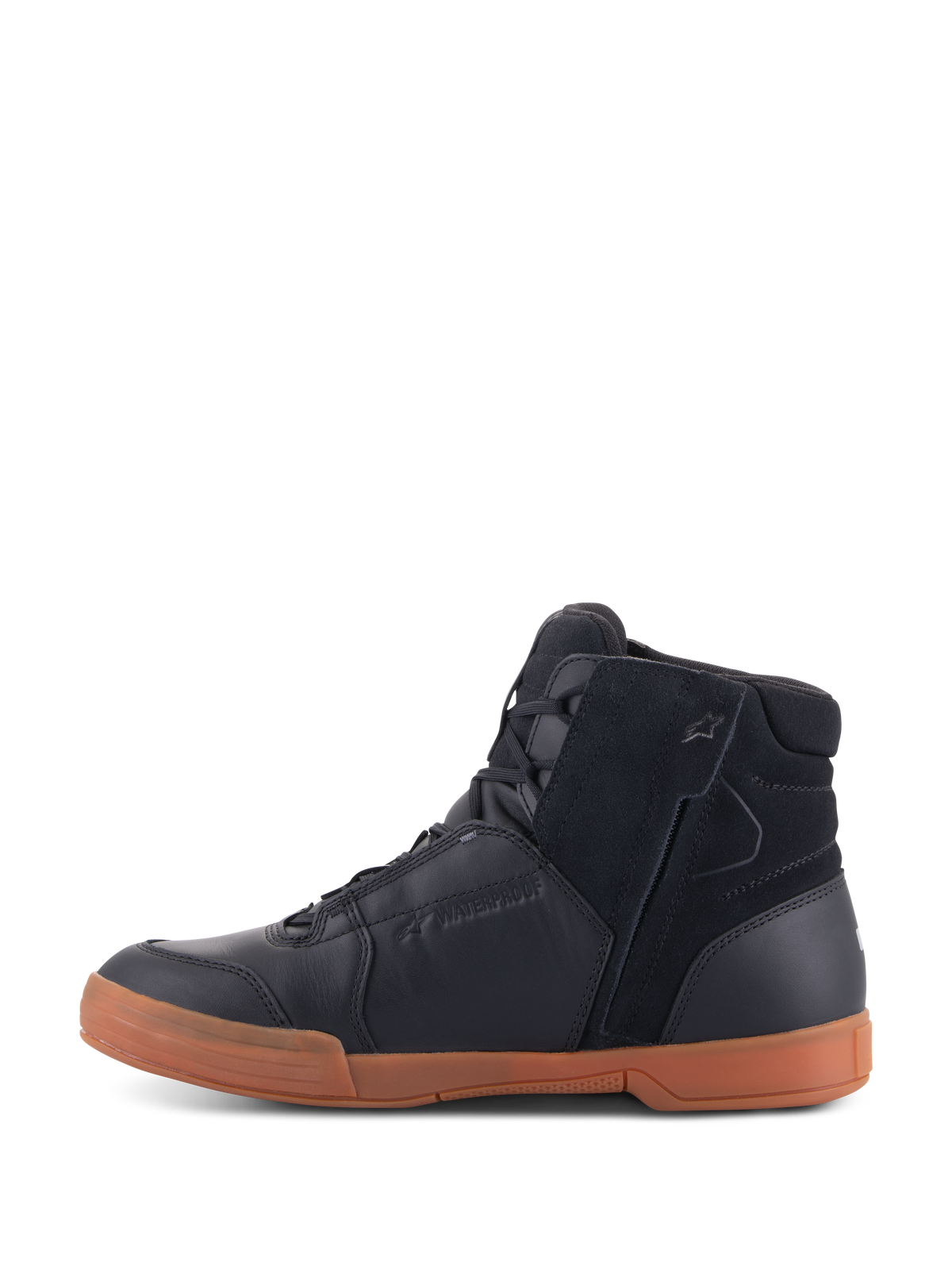 Alpinestars Chrome Drystar® sko, Black Black Gum, urban motorcykelfodtøj med overdel i sort læder og ruskind, high-top sneaker-profil, gummifarvet gummisål, lynlåsåbning i siden
