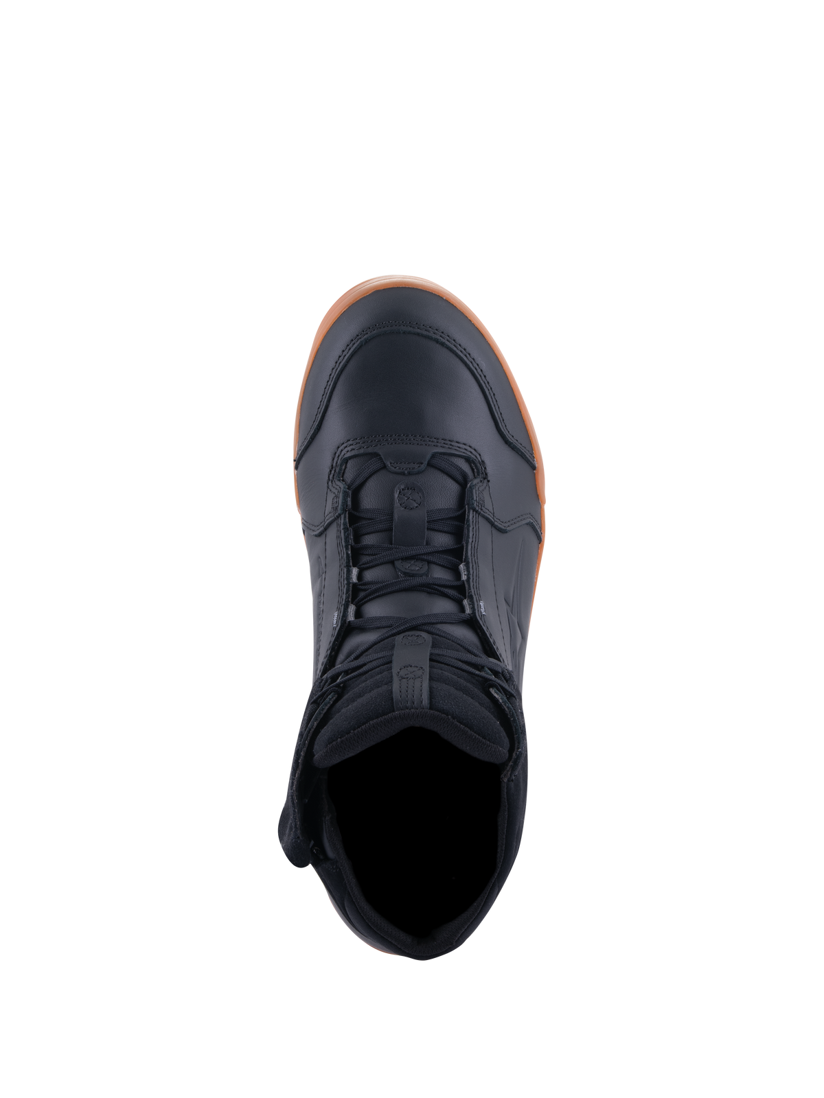 Alpinestars Chrome Drystar® sko, motorcykelsko, sort og gummi, set oppefra med visning af snøring og polstret krave, afslappet urbant design med læderoverdel og gummisål