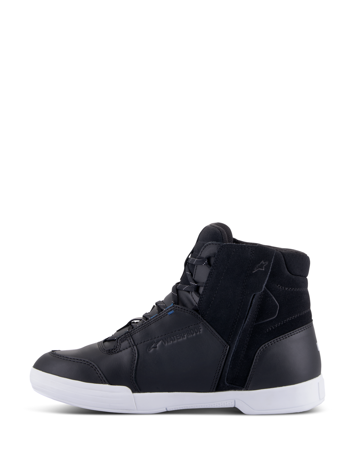Alpinestars Chrome Drystar® Shoes, Urban Motorcycle Riding Shoes, Black and White with Blue accents, leather and suede upper, side zipper, white sole, waterproof branding, casual high-top sneaker style