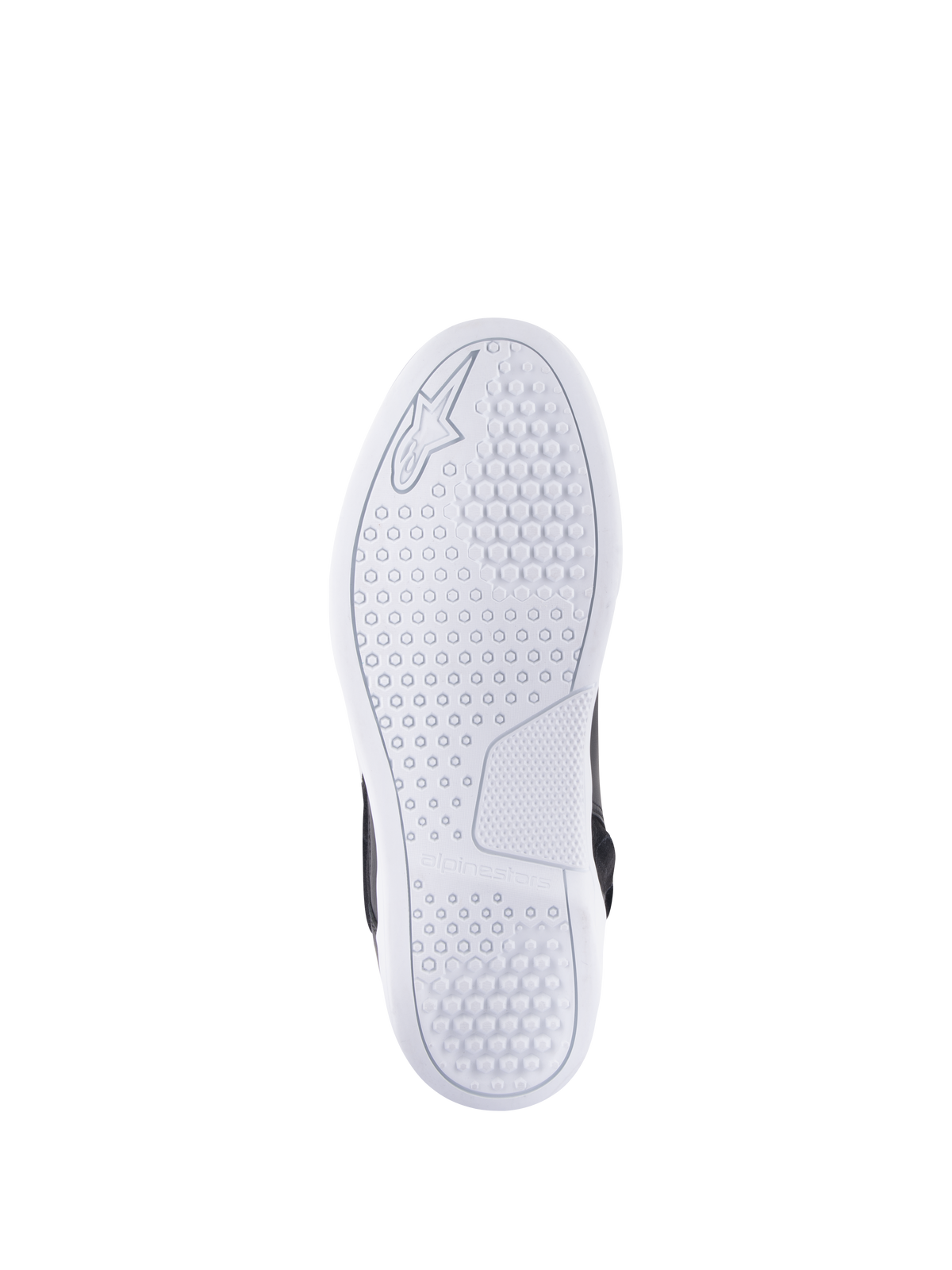 Alpinestars Chrome Drystar® Shoes, Bottom view of the sole, White, featuring a hexagonal grip pattern for traction, embossed Alpinestars logo and branding, casual urban motorcycle riding shoe