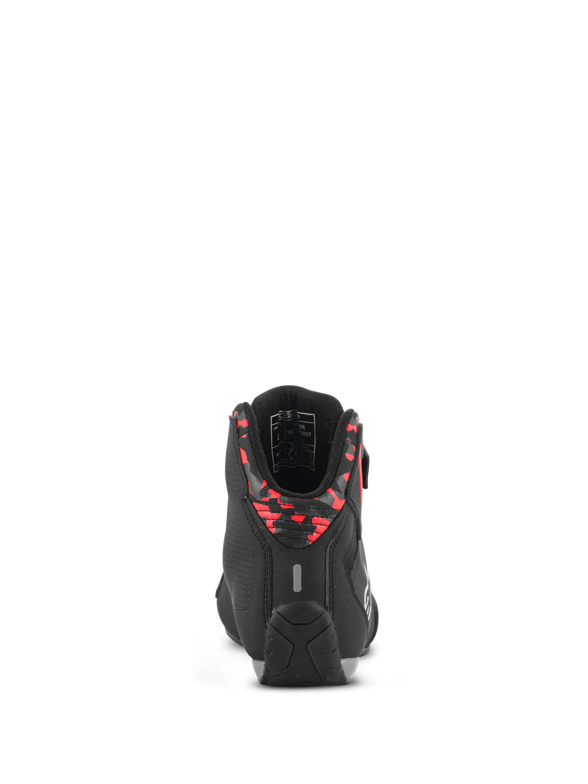 Alpinestars Sektor vandtætte sko, motorcykelsko, sort, mørkegrå og rød fluo, set bagfra som viser den mønstrede hælkrave, reflekterende detalje og slidstærk gummisål, letvægts mikrofiberkonstruktion