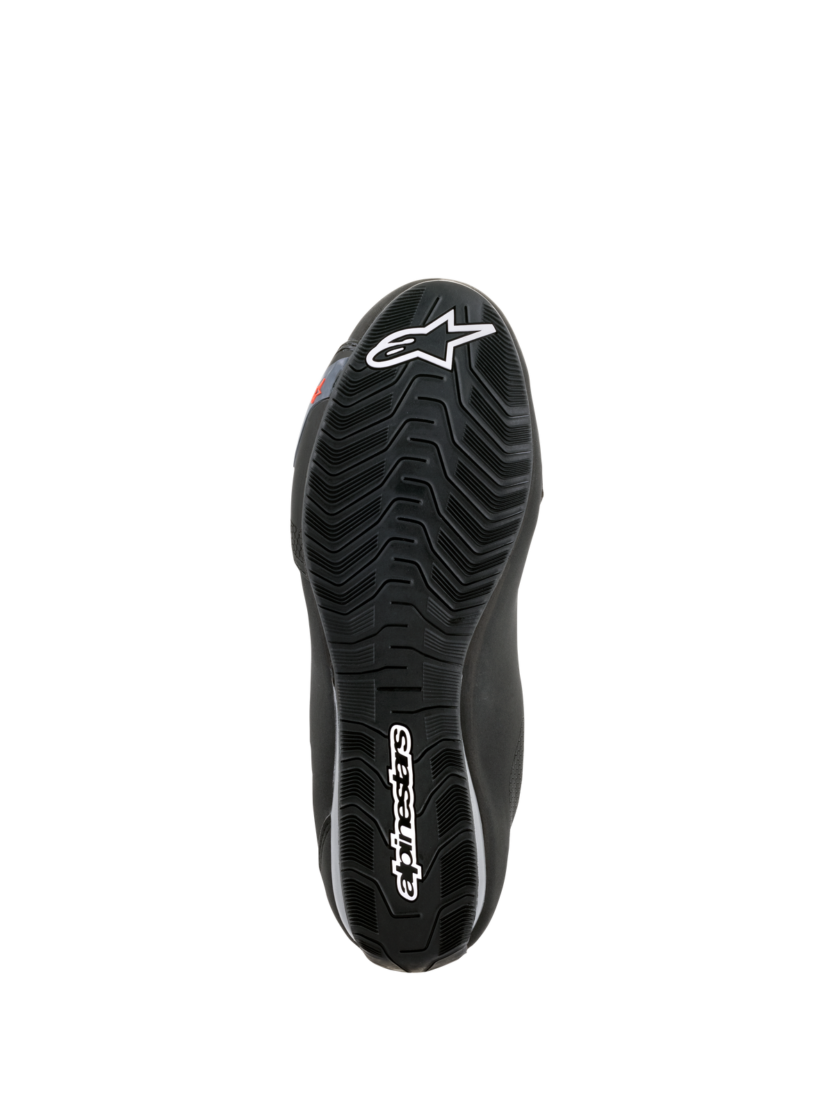Alpinestars Sektor vandtætte sko, visning af sålen, sort gummi med bølgeformet mønster til vandafledning, med hvidt Astars-logo og Alpinestars-branding, designet til greb og støtte på motorcyklens fodhviler
