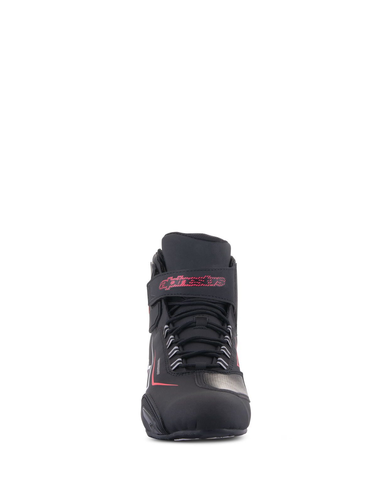 Alpinestars Sektor vandtætte sko, motorcykel-køresko, sort med hvide og røde detaljer, set forfra med et sikkert snøresystem og en velcro-ankelrem med rødt Alpinestars-navnetræk, holdbar mikrofiberfinish