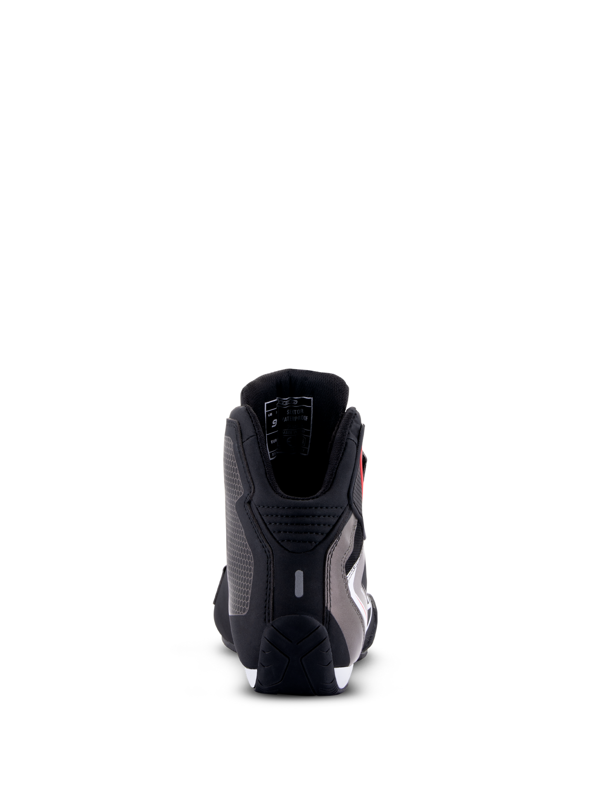 Alpinestars Sektor Vandtætte Sko, motorcykel køresko, sort hvid grå, set bagfra med hælbeskyttelse, mikrofiber-chassis og slidstærk gummisål.
