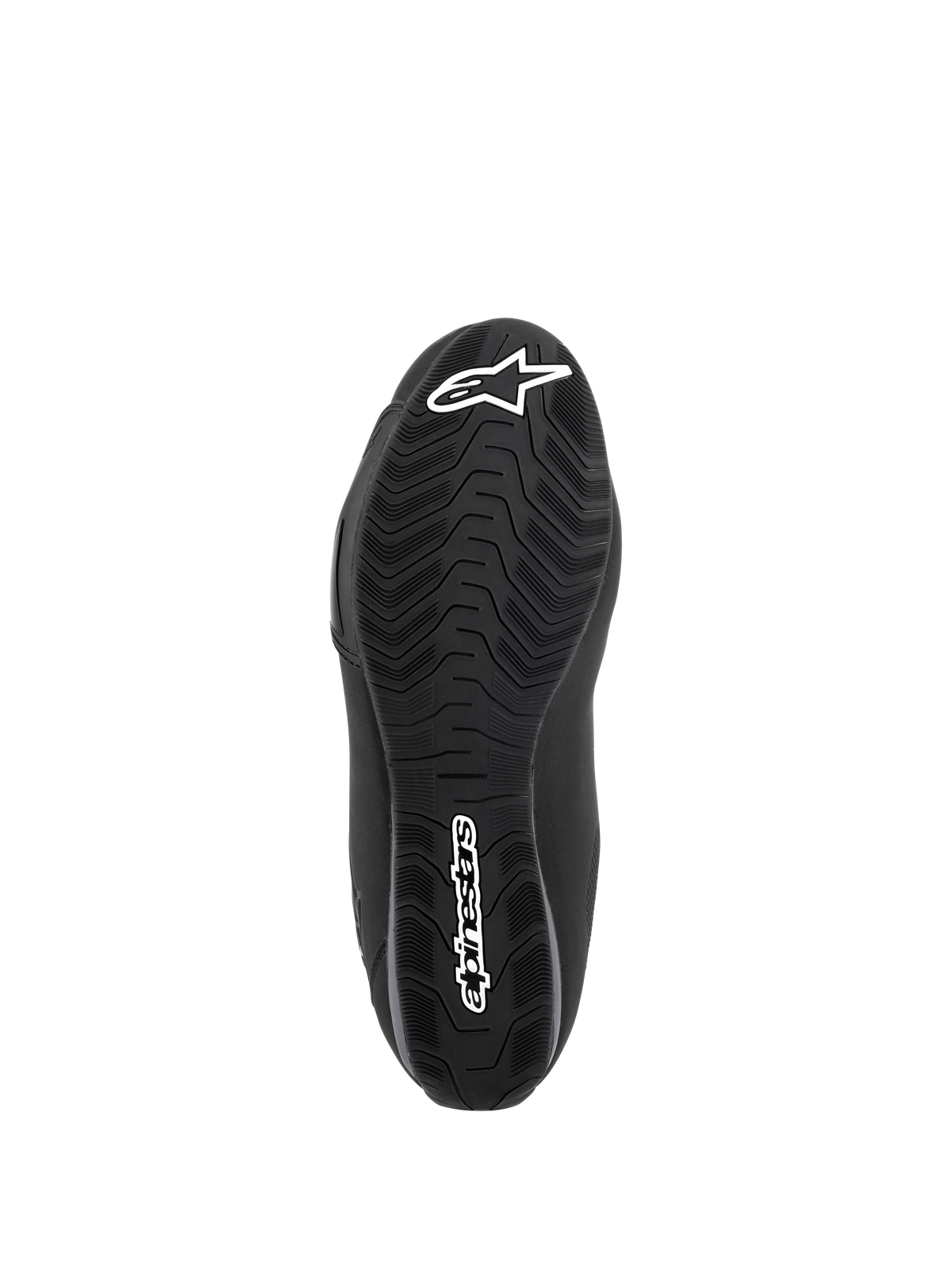 Alpinestars Sektor Waterproof sko, sort, undersiden af gummisålen, specialiseret slidbanemønster til vandafledning og greb, hvidt stjernelogo og Alpinestars-navnetræk