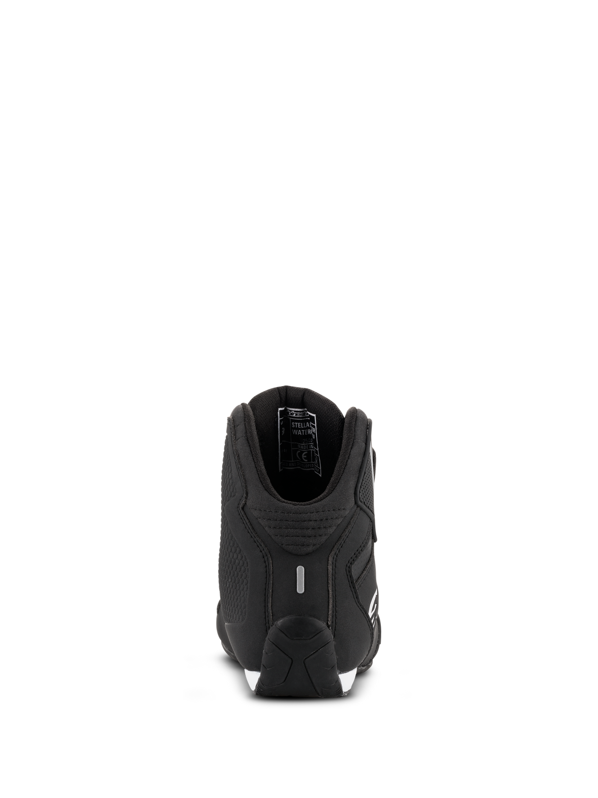 Alpinestars Stella Sektor vandtætte sko til damer, motorcykelsko, sort sølv, set bagfra med forstærket hæl og refleksdetalje, letvægts mikrofiber-chassis med vandtæt membranforing