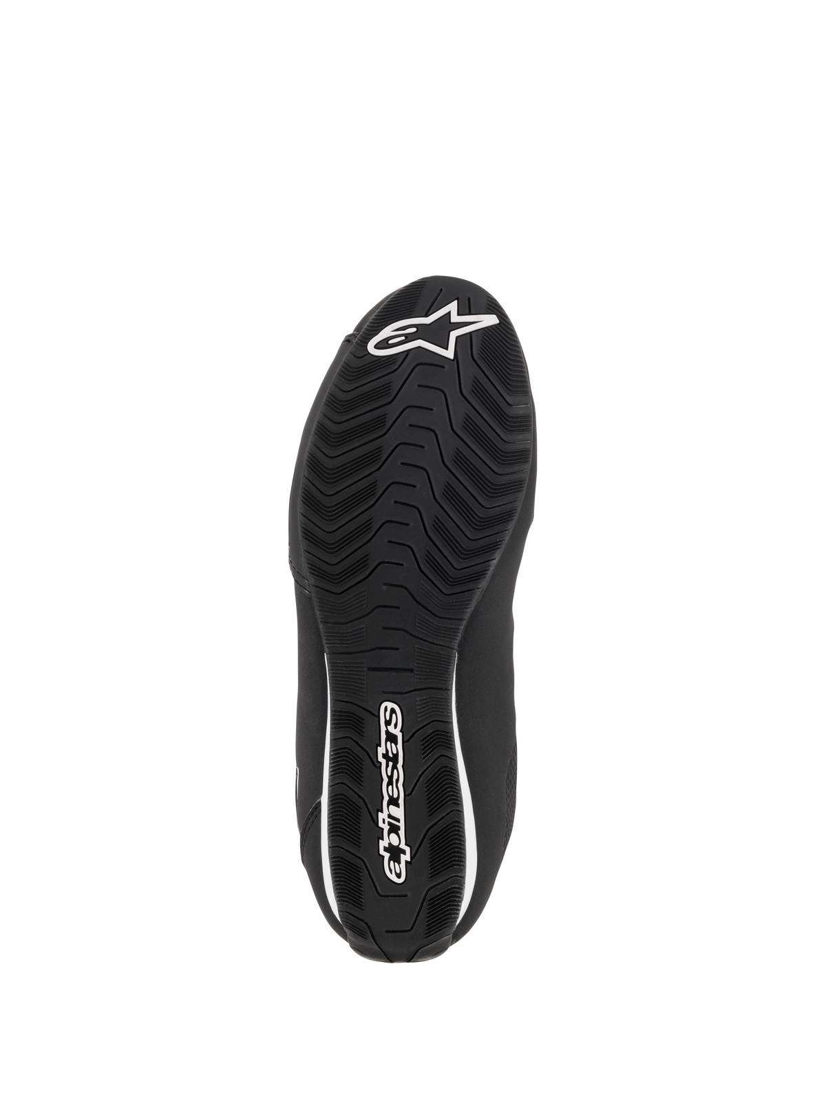 Alpinestars Stella Sektor vandtætte sko til damer, bundvisning af den sorte gummisål, tekstureret bølget grebsmønster for trækkraft, hvidt Alpinestars stjernelogo og navnetræk, designet til vandafløb og greb