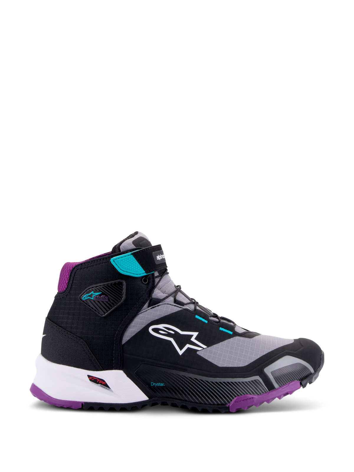 Alpinestars CR-X Women's Drystar® køresko til damer, sort grå blomme og teal, høj motorcykelsko, hvidt Alpinestars-logo på siden, lilla ydersål og hælpolstring, teal-detaljer på ankelrem og snørebåndshuller, strømlinet sporty design til touring og pendling