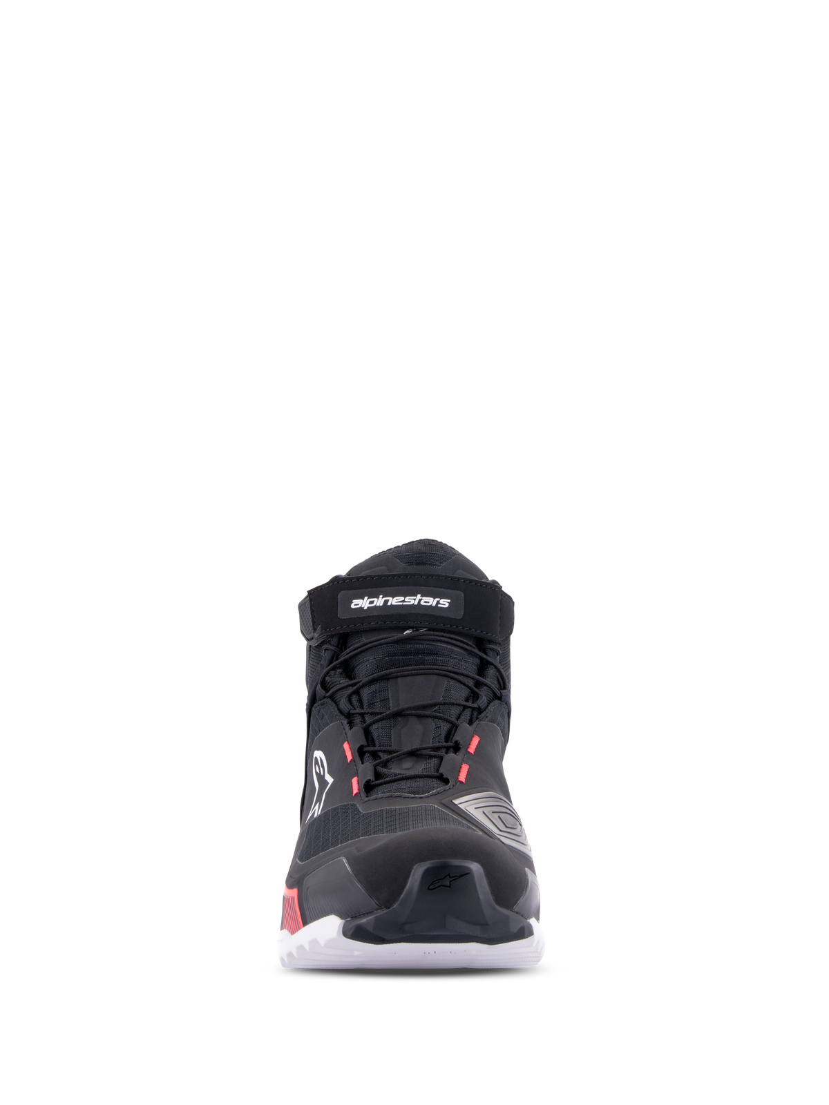 Alpinestars CR-X Women's Drystar® Riding Shoe, Black White Diva Pink, front view, waterproof motorcycle footwear with technical textile upper, laces, and velcro ankle strap, featuring white branding and diva pink accents.