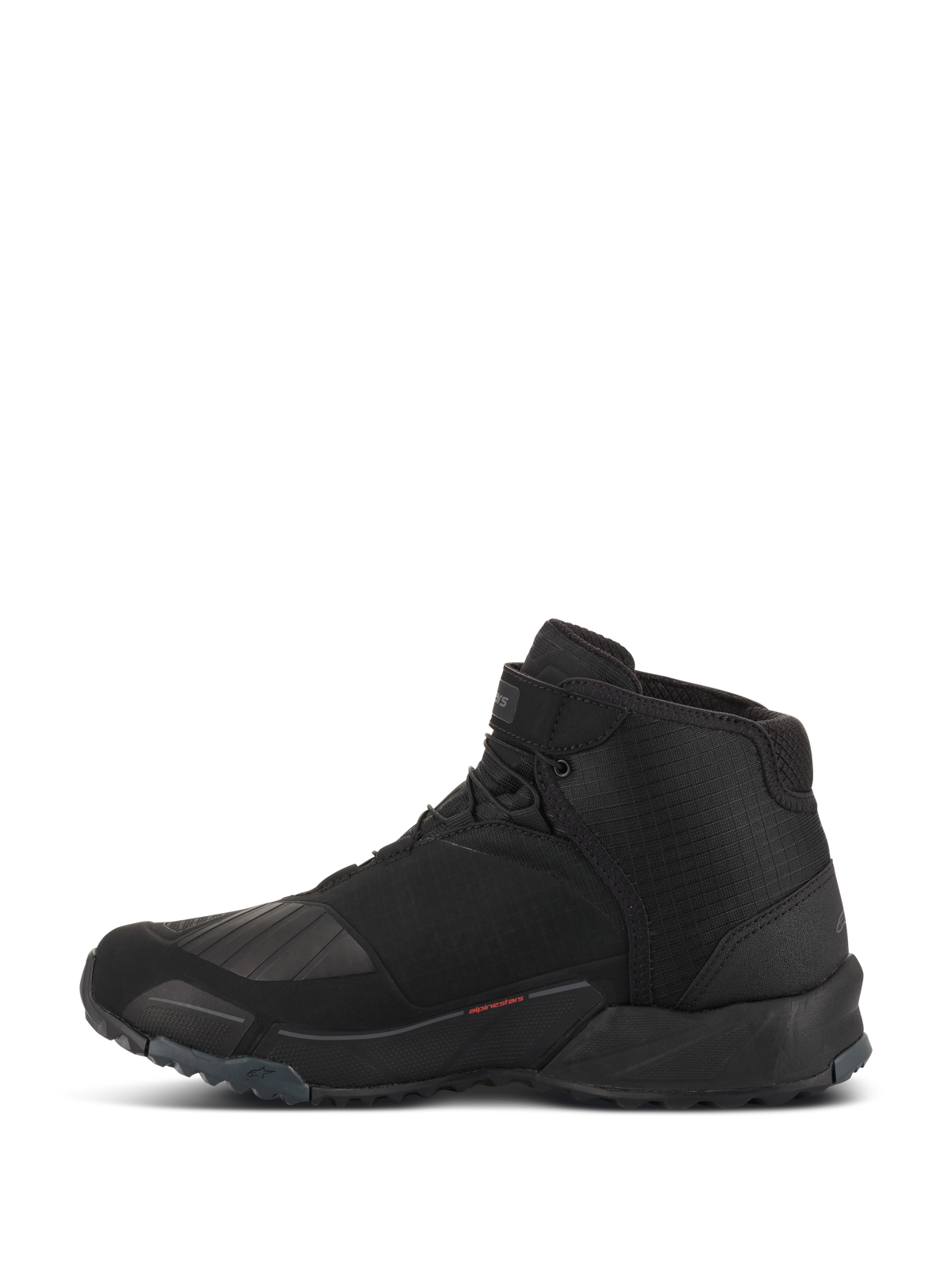 Alpinestars CR-X Drystar Riding Shoes, Motorcycle Riding Shoes, Black, side profile view, high-top design with running shoe silhouette, featuring reinforced TPU gear shift zone, lugged outsole for grip, and waterproof construction for urban and road riding.
