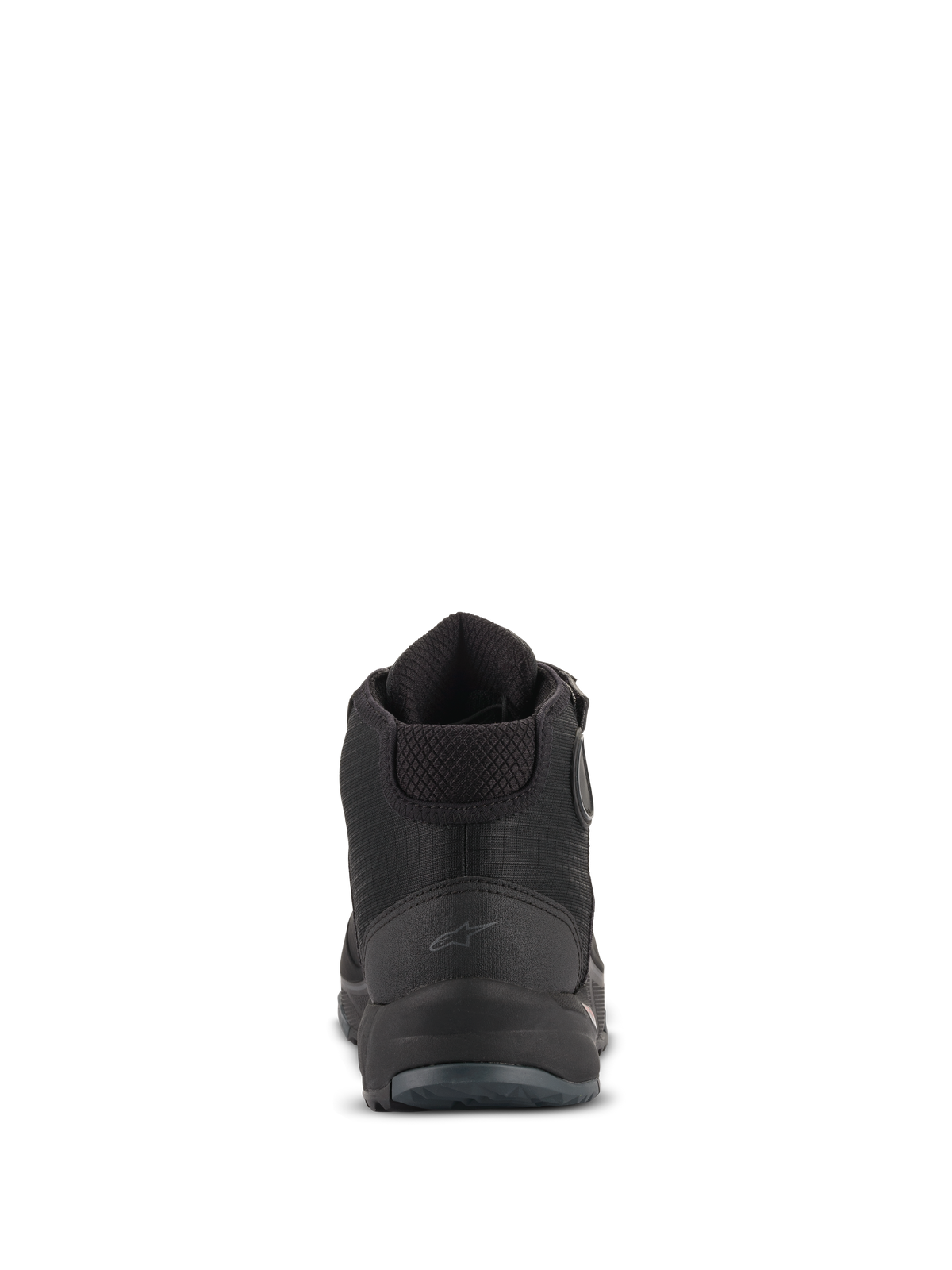 Alpinestars CR-X Drystar® Riding Shoes, Rear View, Black, featuring a subtle Astars logo on the heel, padded ankle collar, and textured heel counter, waterproof motorcycle footwear for road and urban use