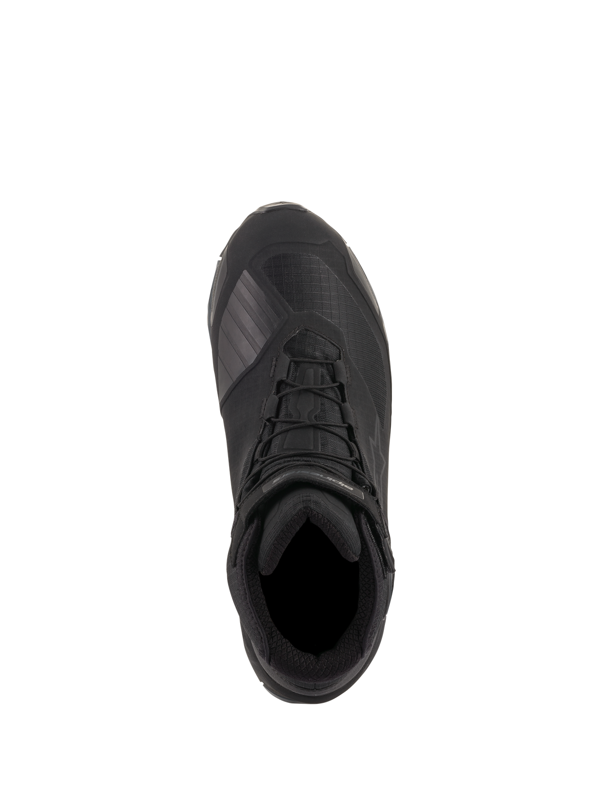 Alpinestars CR-X Drystar® Riding Shoes, Black, top-down view showing technical textile construction, integrated laces with ankle strap, and protective TPU gear shift zone, waterproof motorcycle footwear designed for all-day comfort.